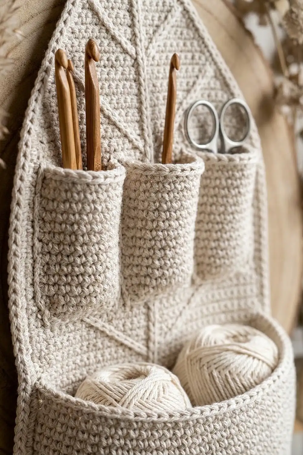 Handmade cream crocheted organizer with textured pockets holding wooden hooks, scissors, and yarn.