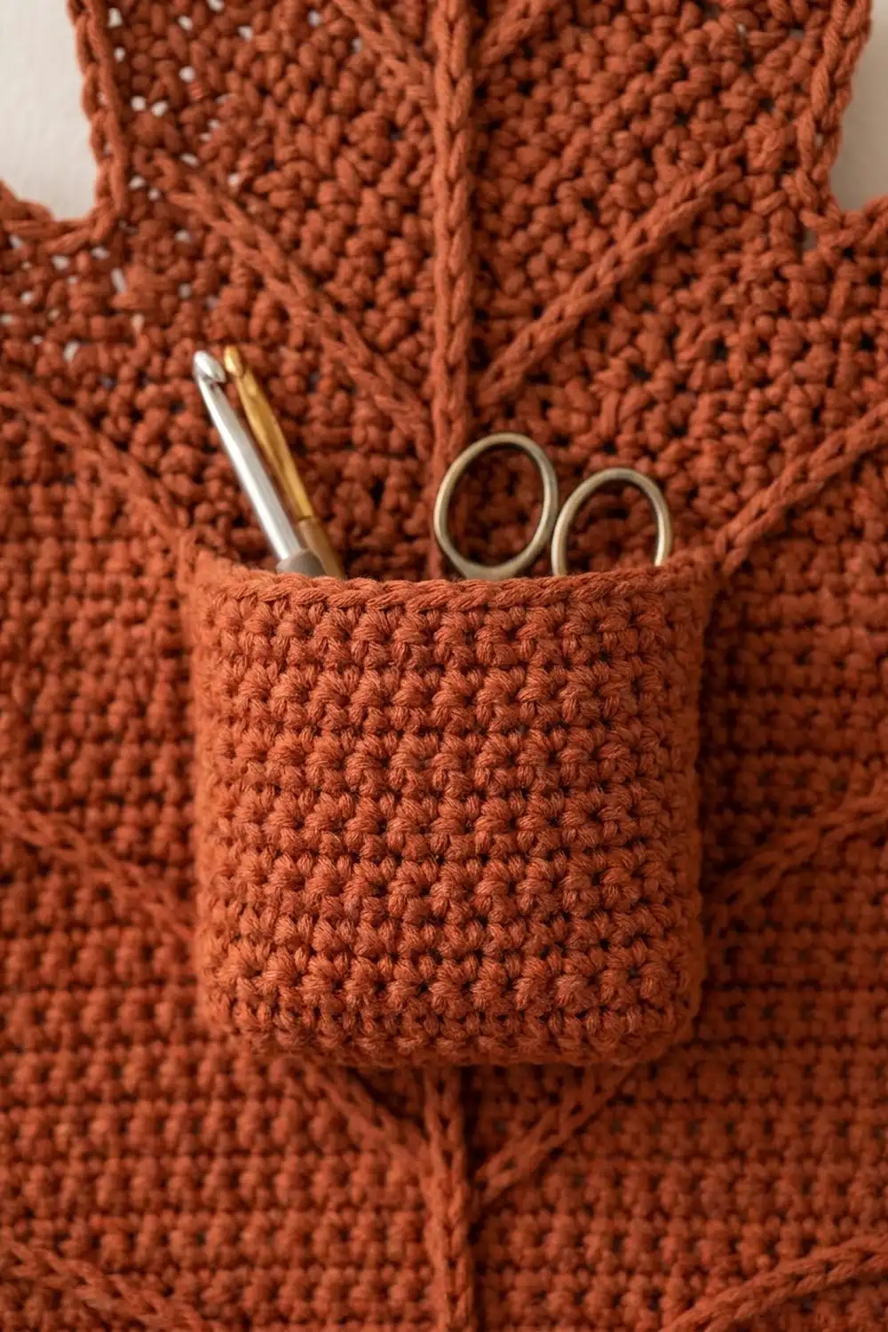 Burnt orange crochet fabric with textured stitching and an integrated pocket storing a crochet hook and scissors.