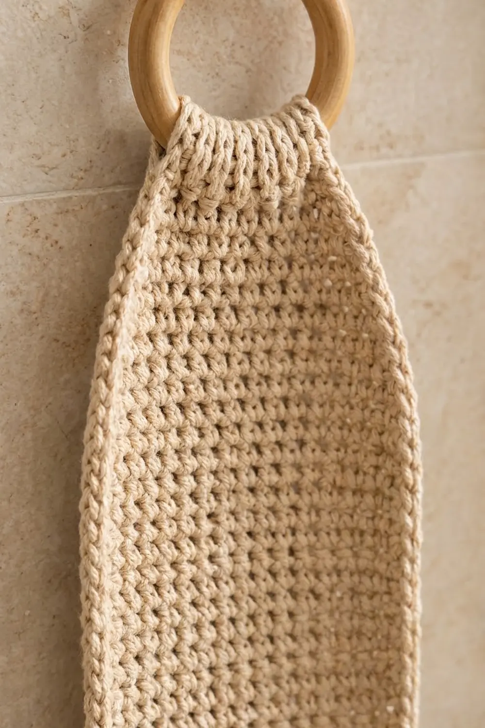 Cream-colored crocheted bag with wooden handles showing detailed texture on a neutral wall.
