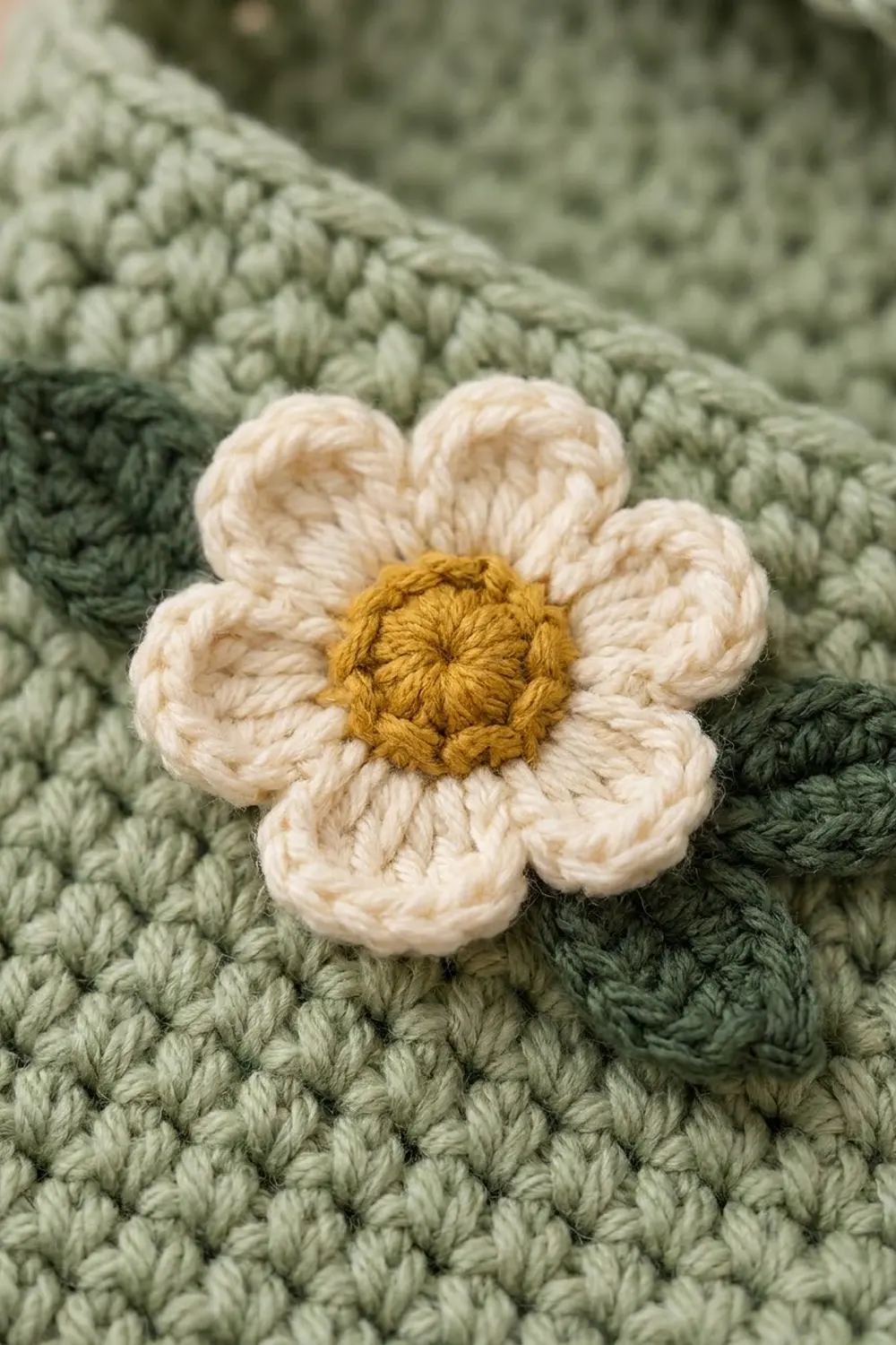 Crocheted white daisy with golden yellow center on sage green knitted fabric background.