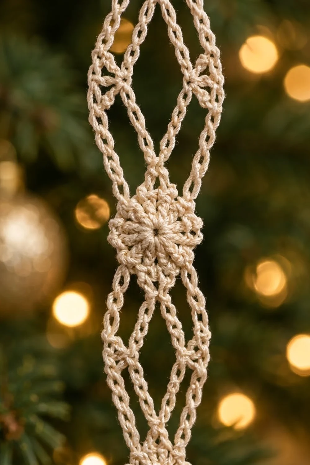 Close-up of cream macramé square knot with braided rope detail and soft golden bokeh lights.