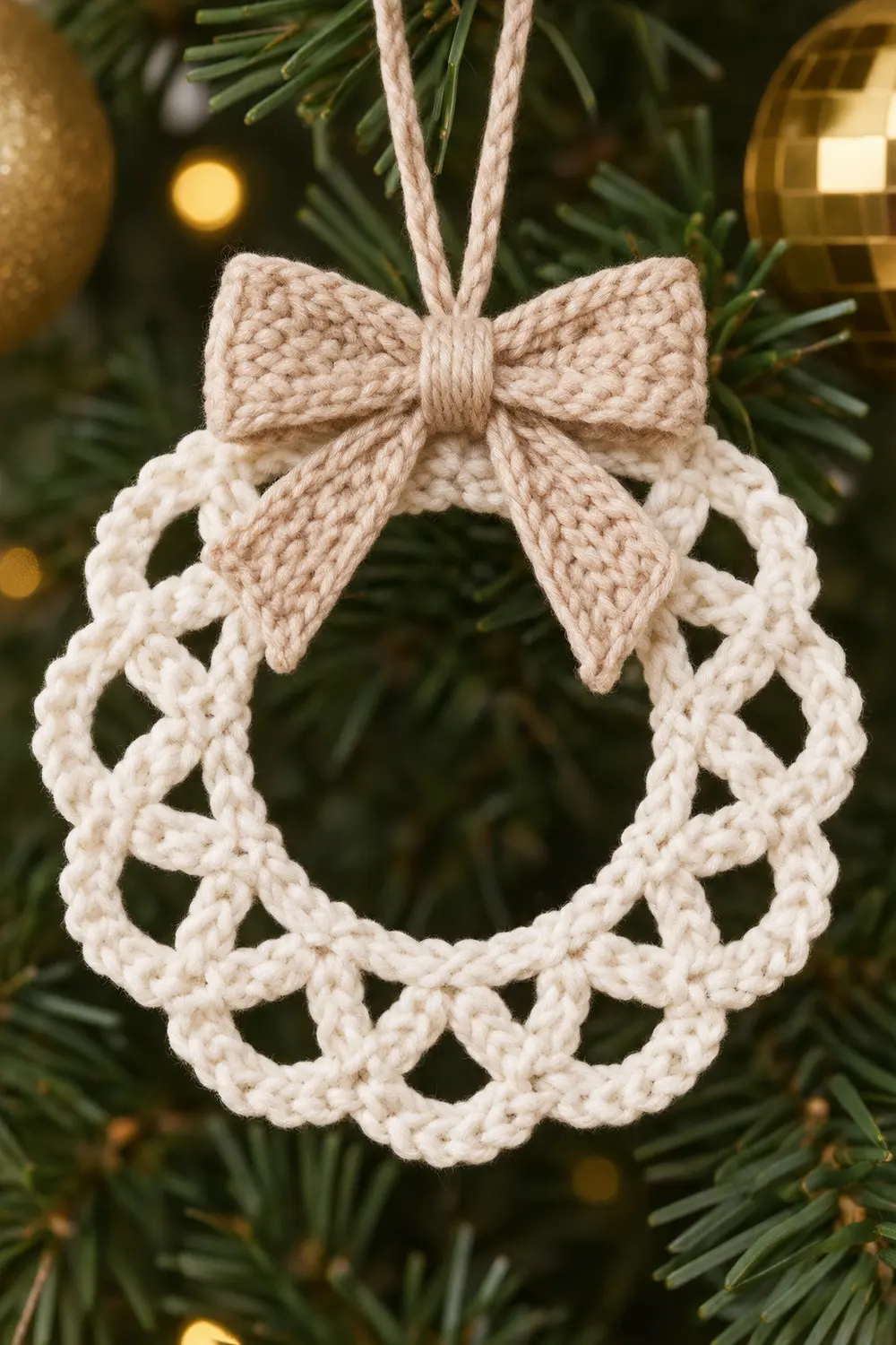 A cream-colored crocheted wreath ornament with a bow hanging from an evergreen branch amid holiday decorations.