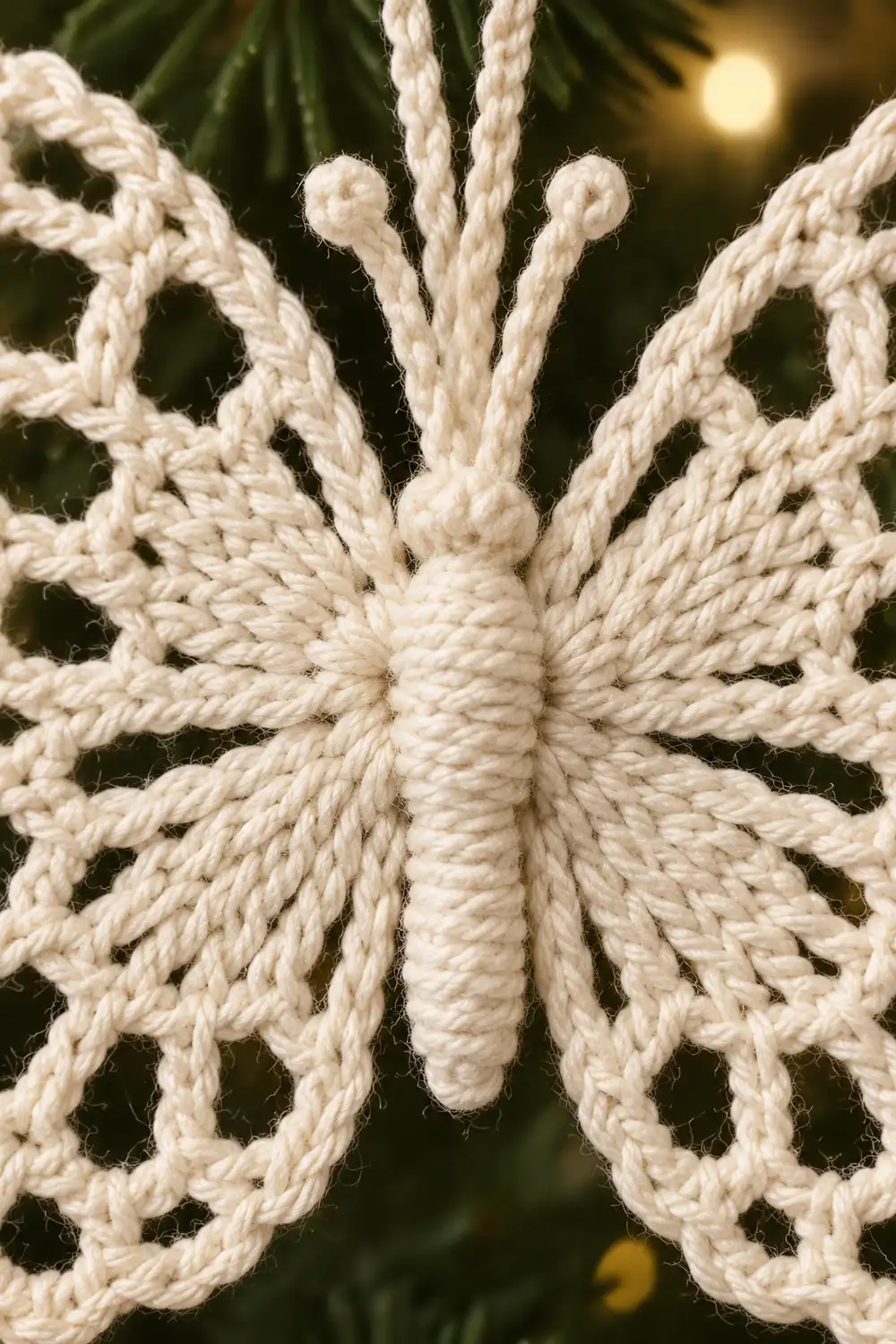 Close-up of a cream-colored macramé snowflake ornament with twisted rope details against evergreen branches.