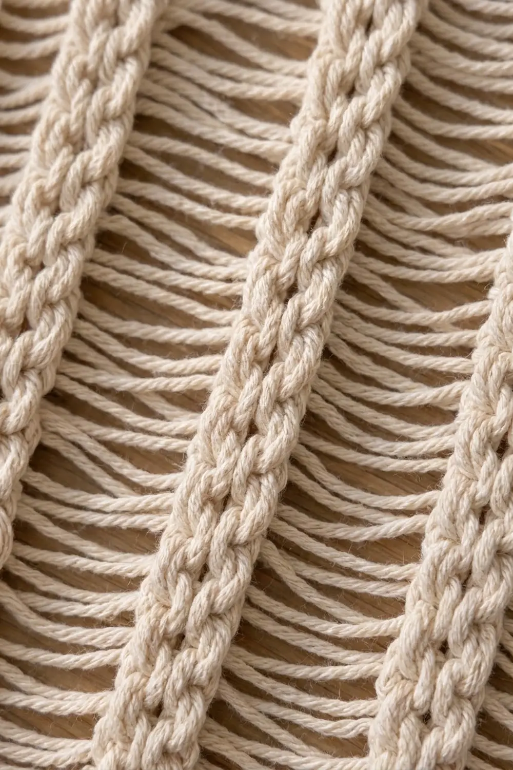 Close-up of cream-colored crochet textile with vertical rope stitches interlocked by horizontal connecting rows.