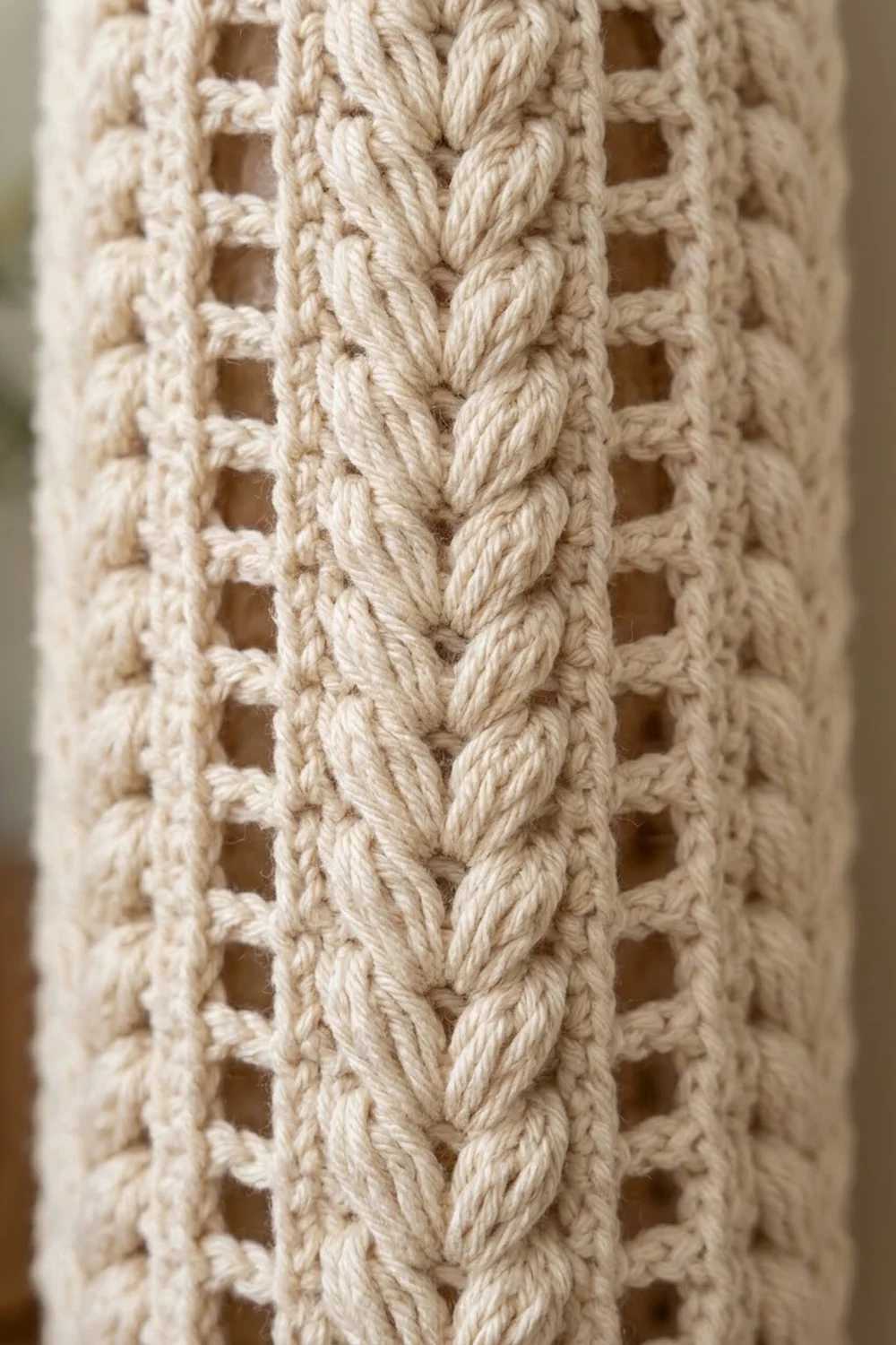 Close-up of cream crochet lace featuring a twisted central column and interlocking open square pattern.