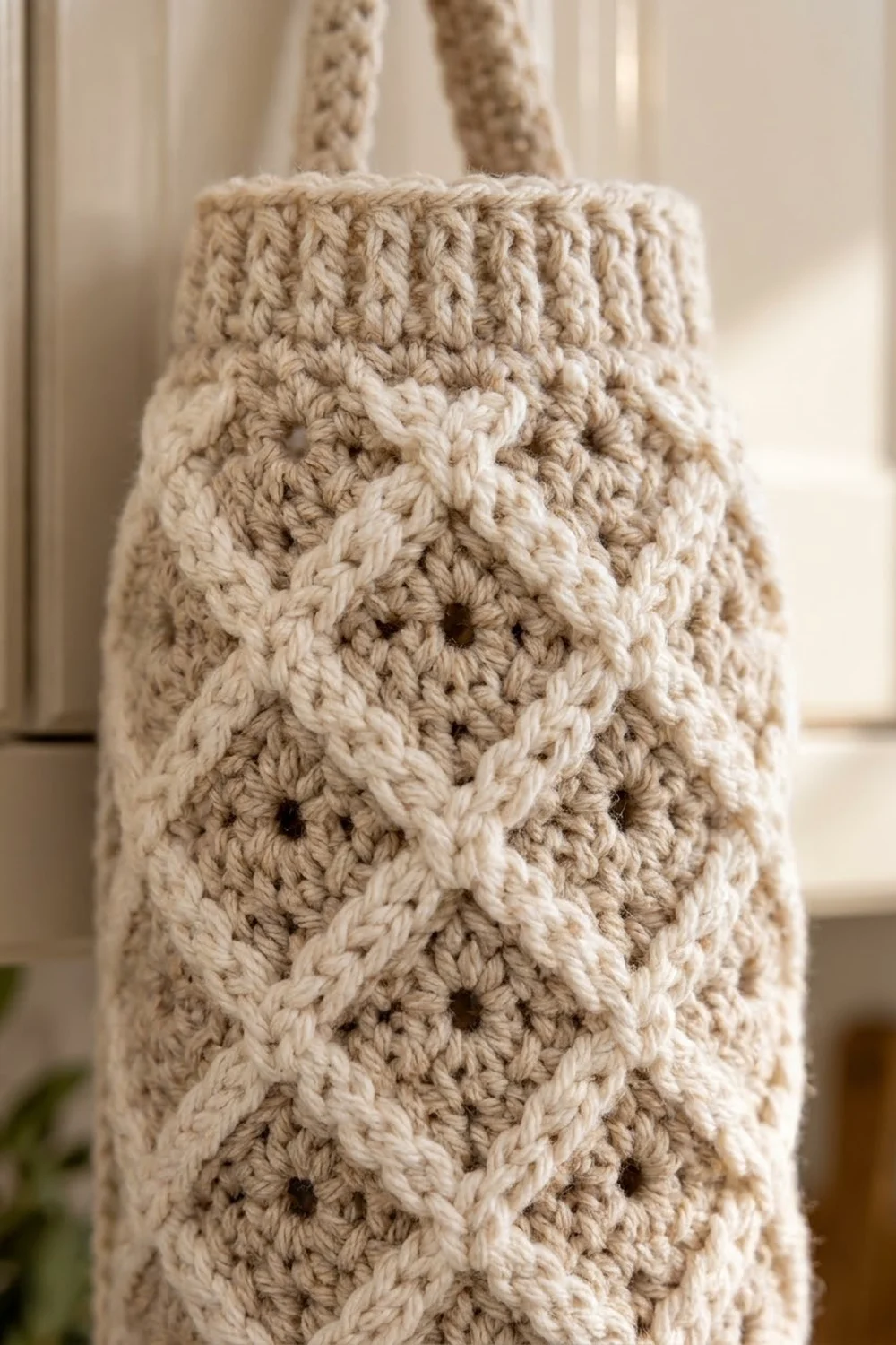 Detailed close-up of natural beige crochet with repeating diamond lattice pattern and raised textured stitches.