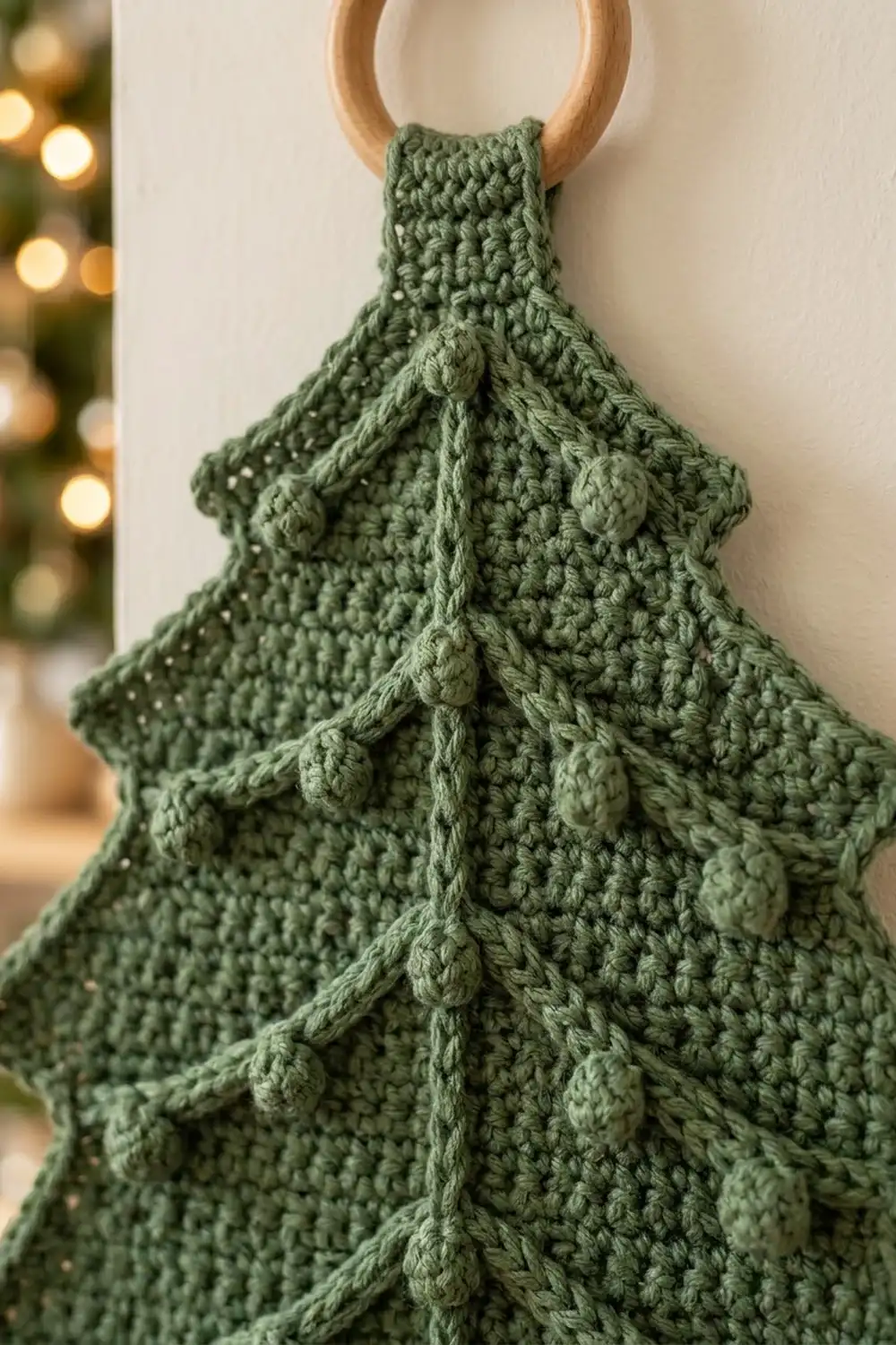 Sage green crocheted Christmas tree ornament with wooden ring handle and decorative bobbles on white background with bokeh lights.