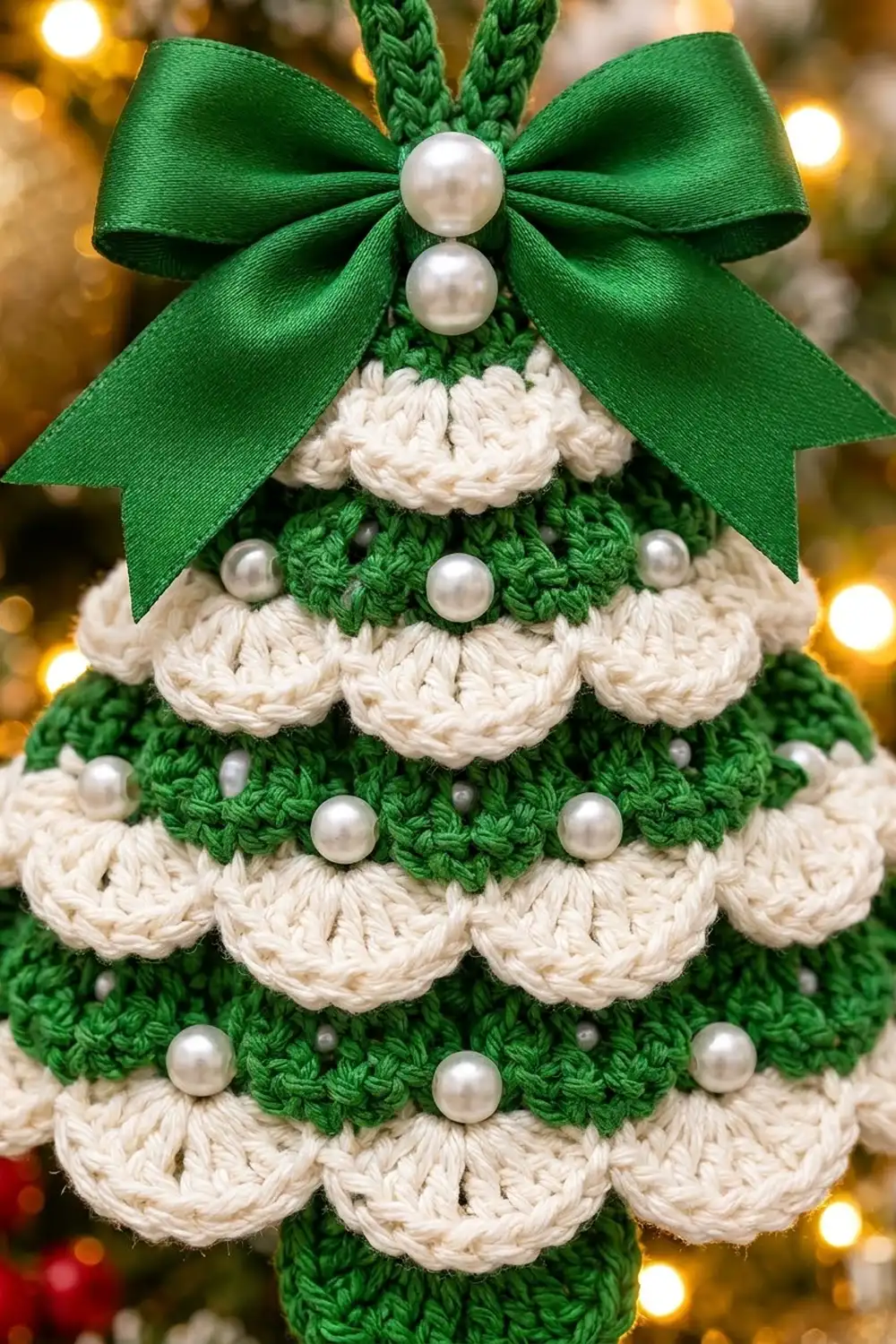 Crocheted Christmas tree ornament in green and cream with pearl bead accents, green ribbon bow, photographed against warm holiday lights.