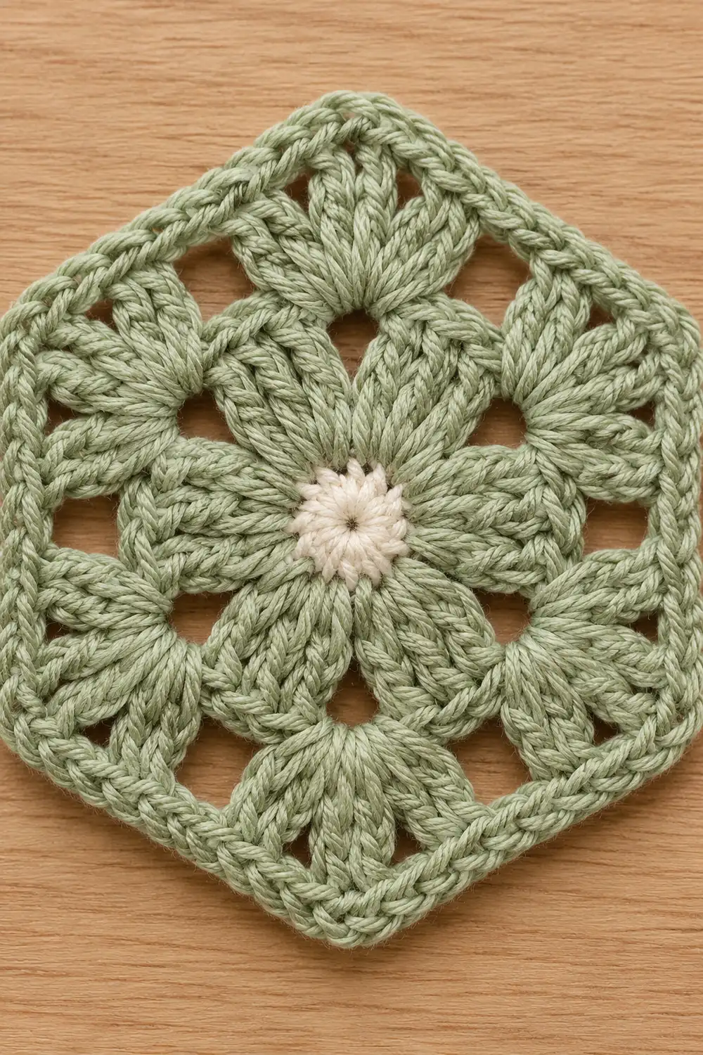 A sage green crocheted square motif with cream center detail displayed on a wooden surface.