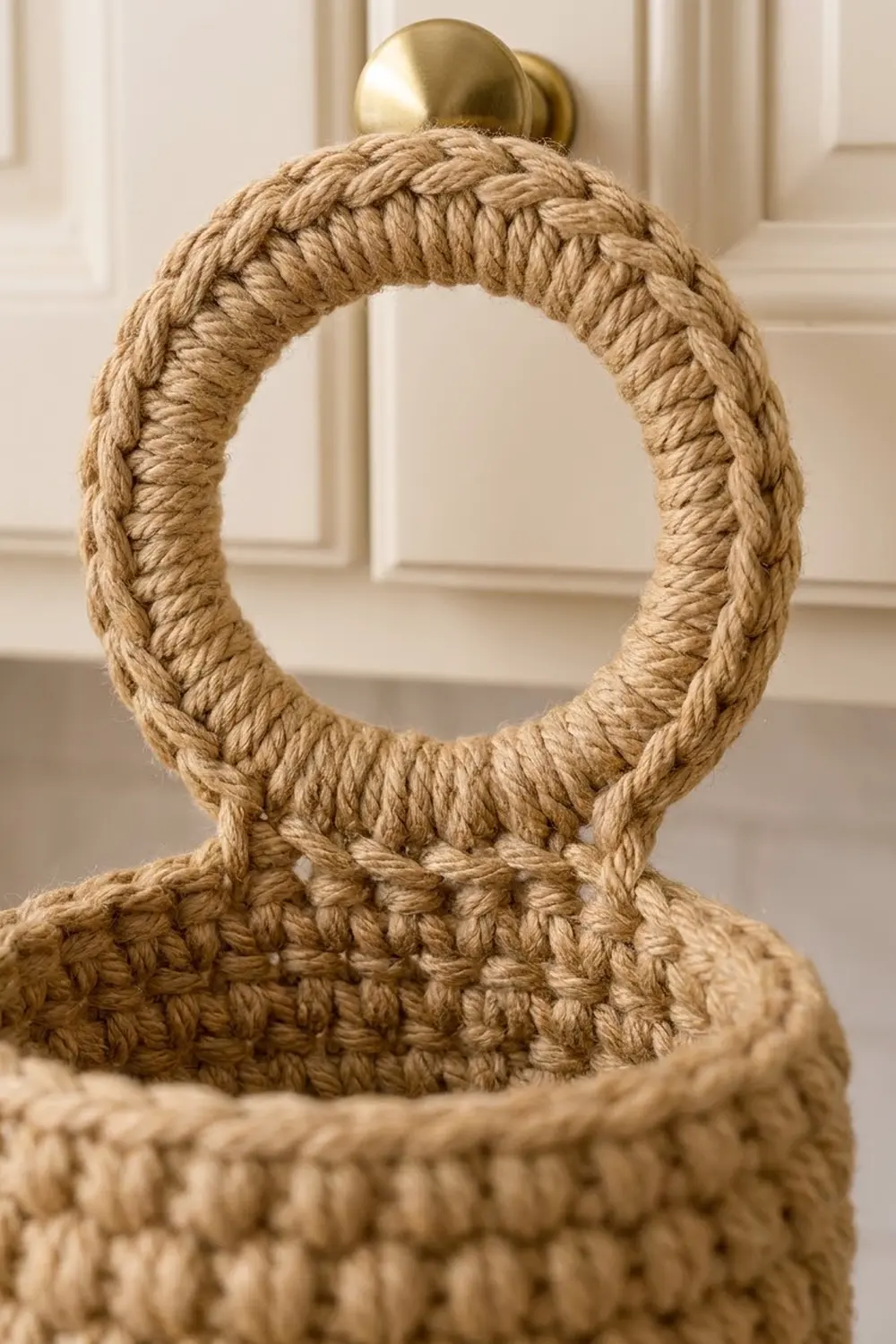 Coiled tan jute rope forms a decorative towel ring with brass finial against cream wainscoted wall.