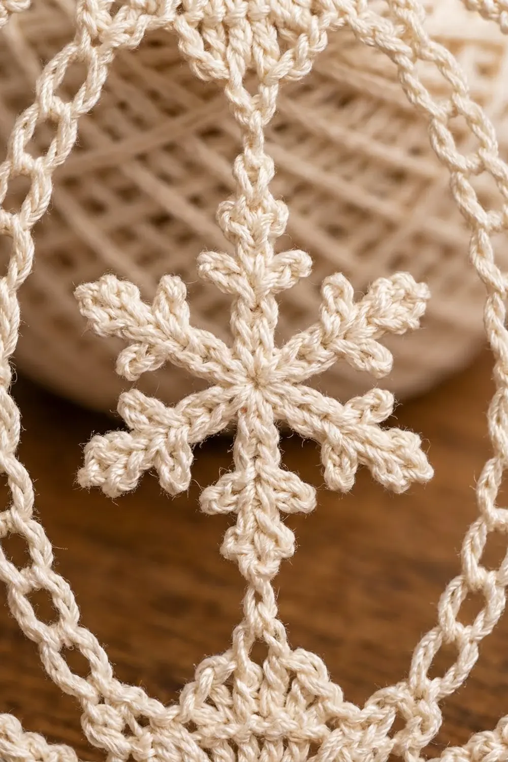 Cream-colored crocheted snowflake ornament with delicate chain borders hanging against a soft, blurred tan background.