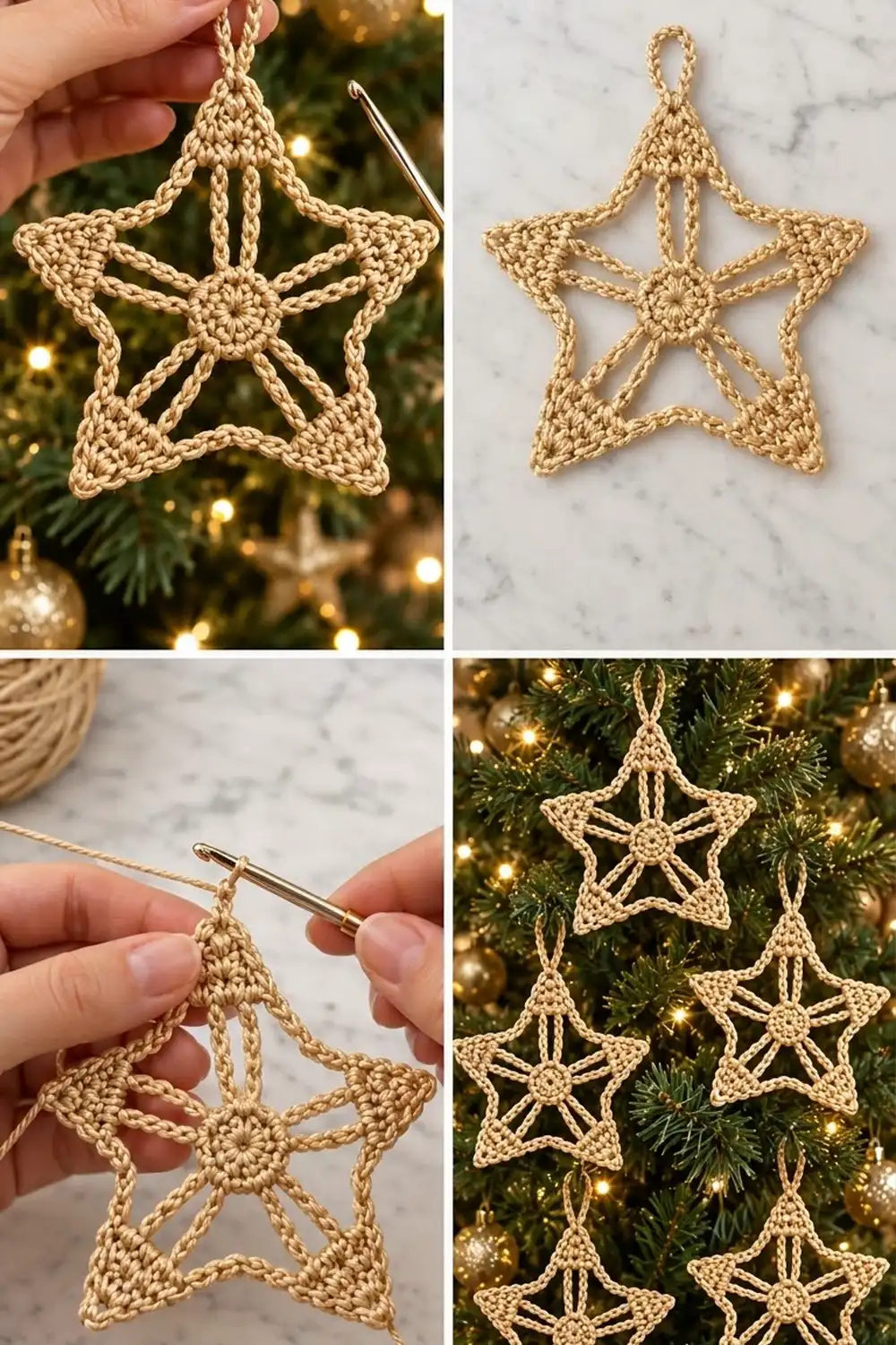 Cream-colored crocheted star ornaments displayed in hands, on marble, and hanging on an evergreen tree with golden lights.