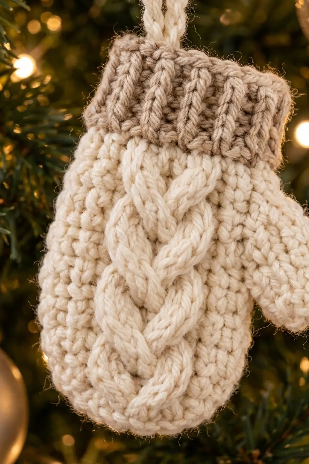 A chunky cream and tan crocheted mitten ornament hangs decorating a Christmas tree with warm glowing lights.