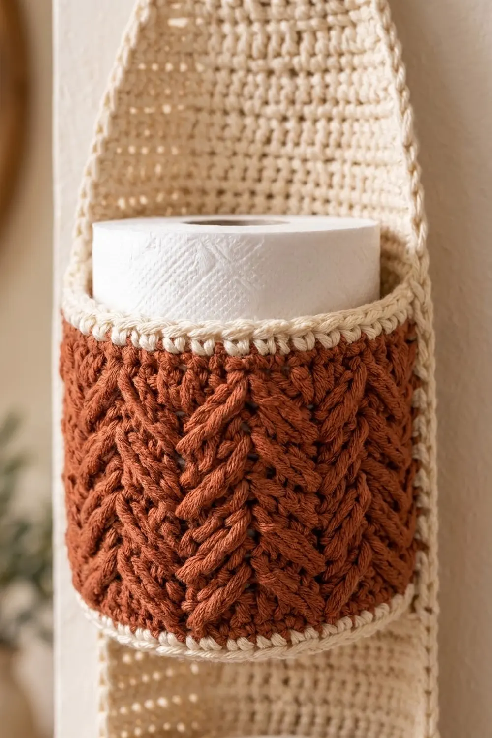 Cream and rust crocheted mug sleeve with textured cable pattern holds a white ceramic mug against neutral background.
