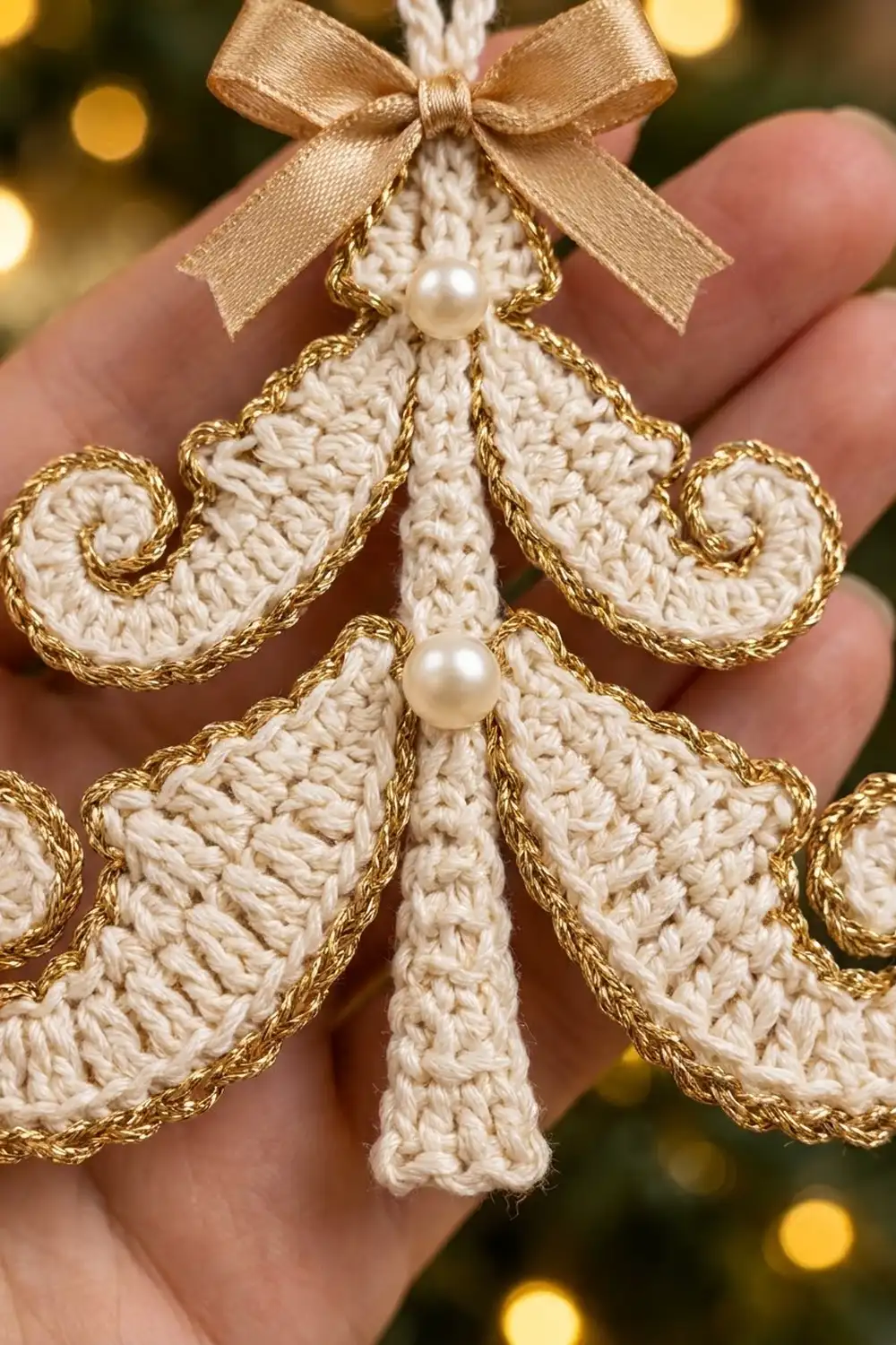 Crocheted cream tree ornament with gold trim and pearl beads, tied with champagne ribbon, held against blurred holiday lights.