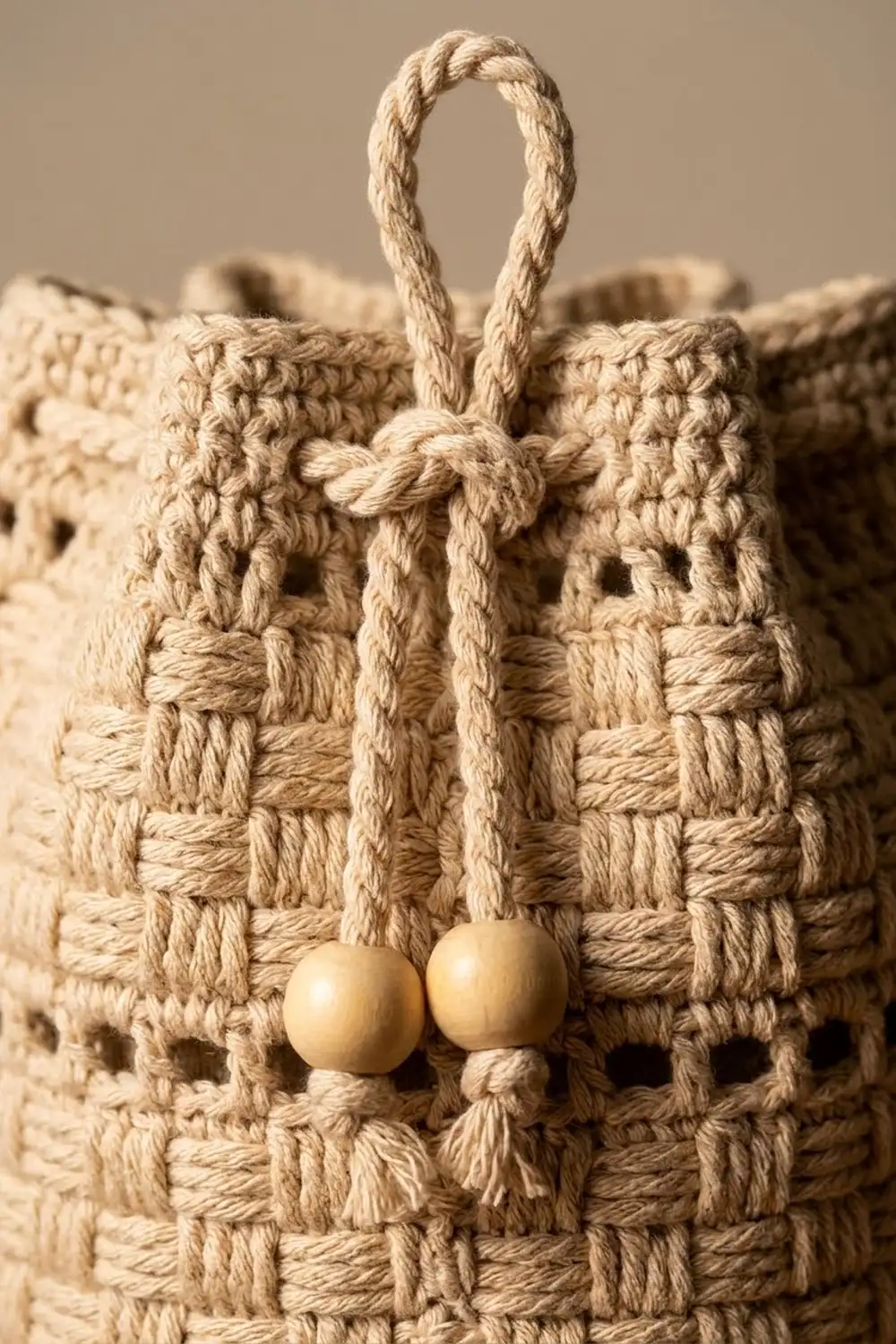 Handmade jute basket with woven rope texture and wooden bead drawstring detail, shot in soft natural lighting.