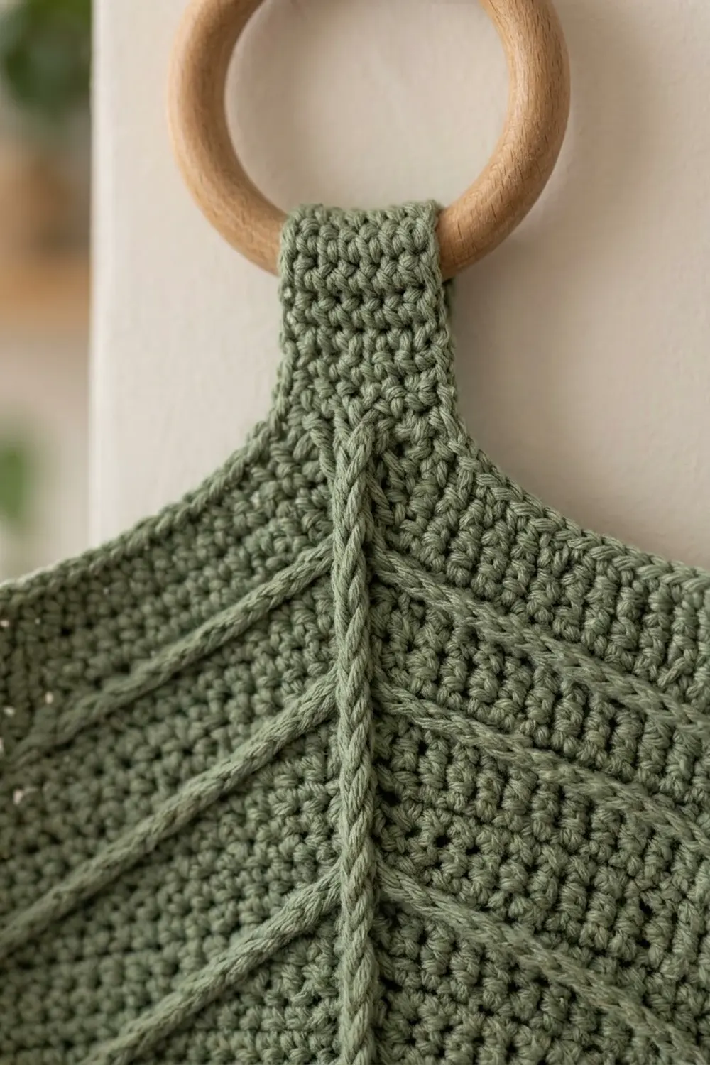 Close-up of a sage green crocheted tote bag with natural wooden handles, showing detailed stitch texture and construction seams.