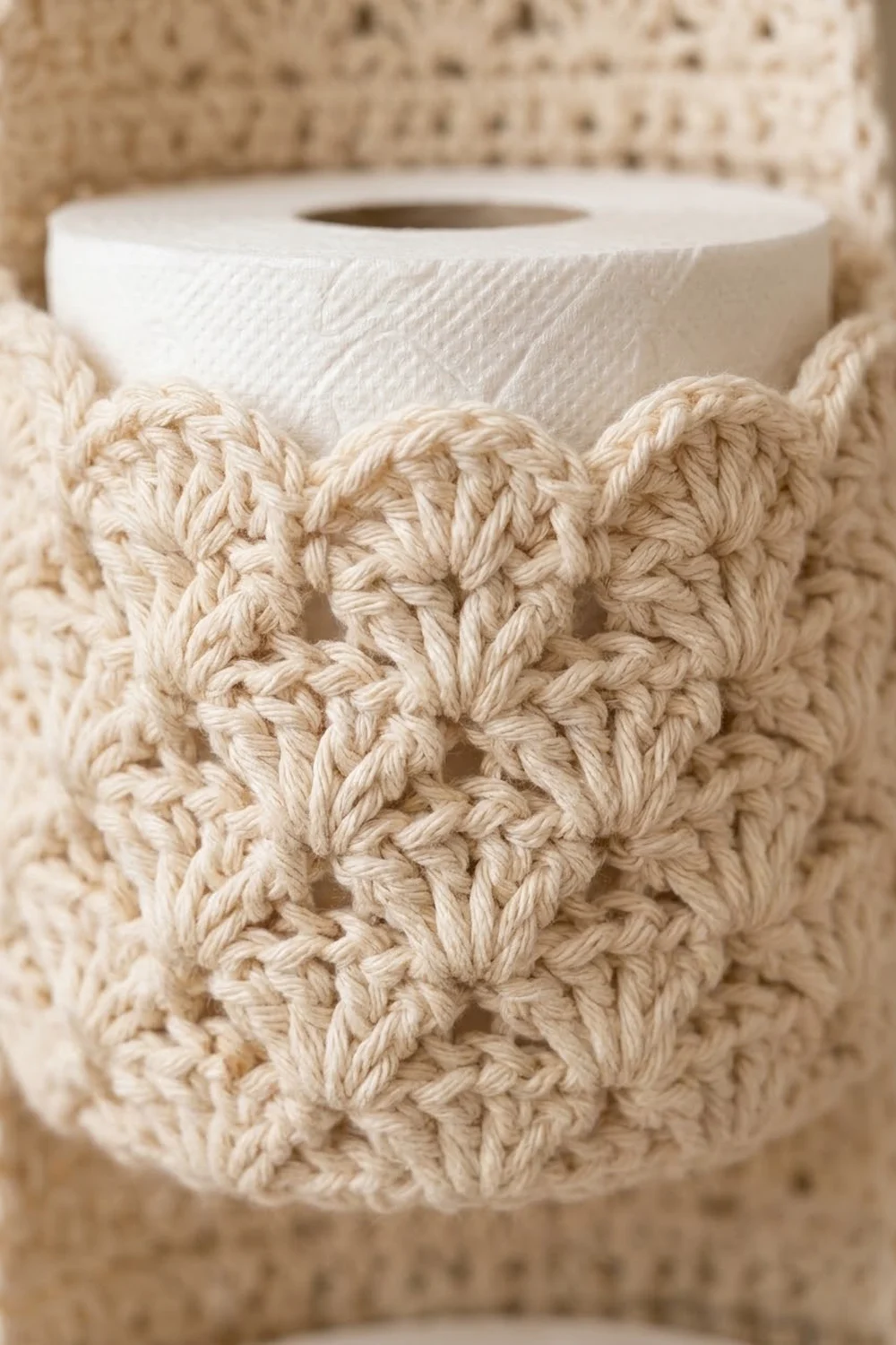 Cream-colored crocheted heart with openwork texture detail displayed next to a white tape roll on a neutral background.