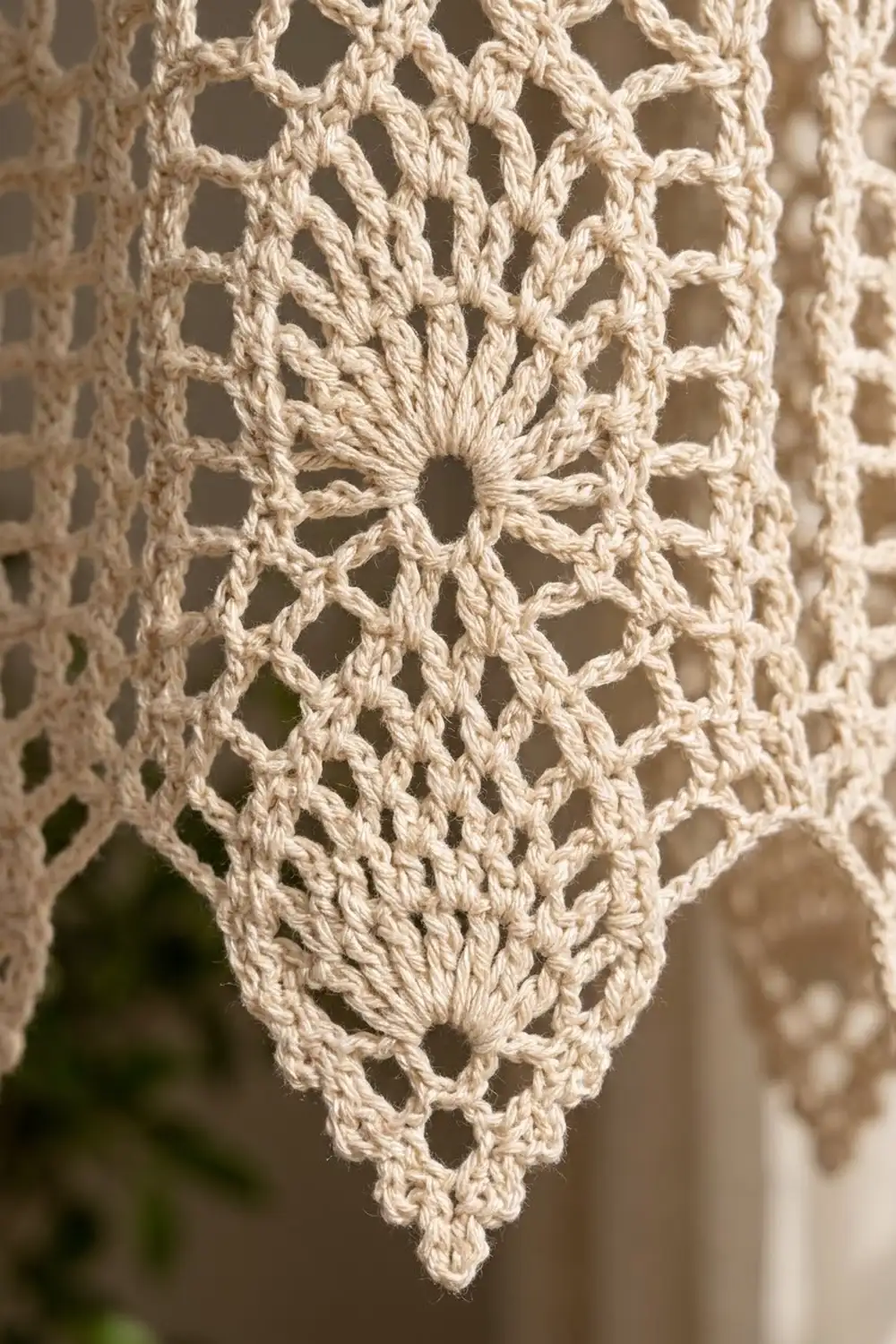 Cream crocheted lace showcasing an ornate flower medallion with delicate geometric openwork pattern.