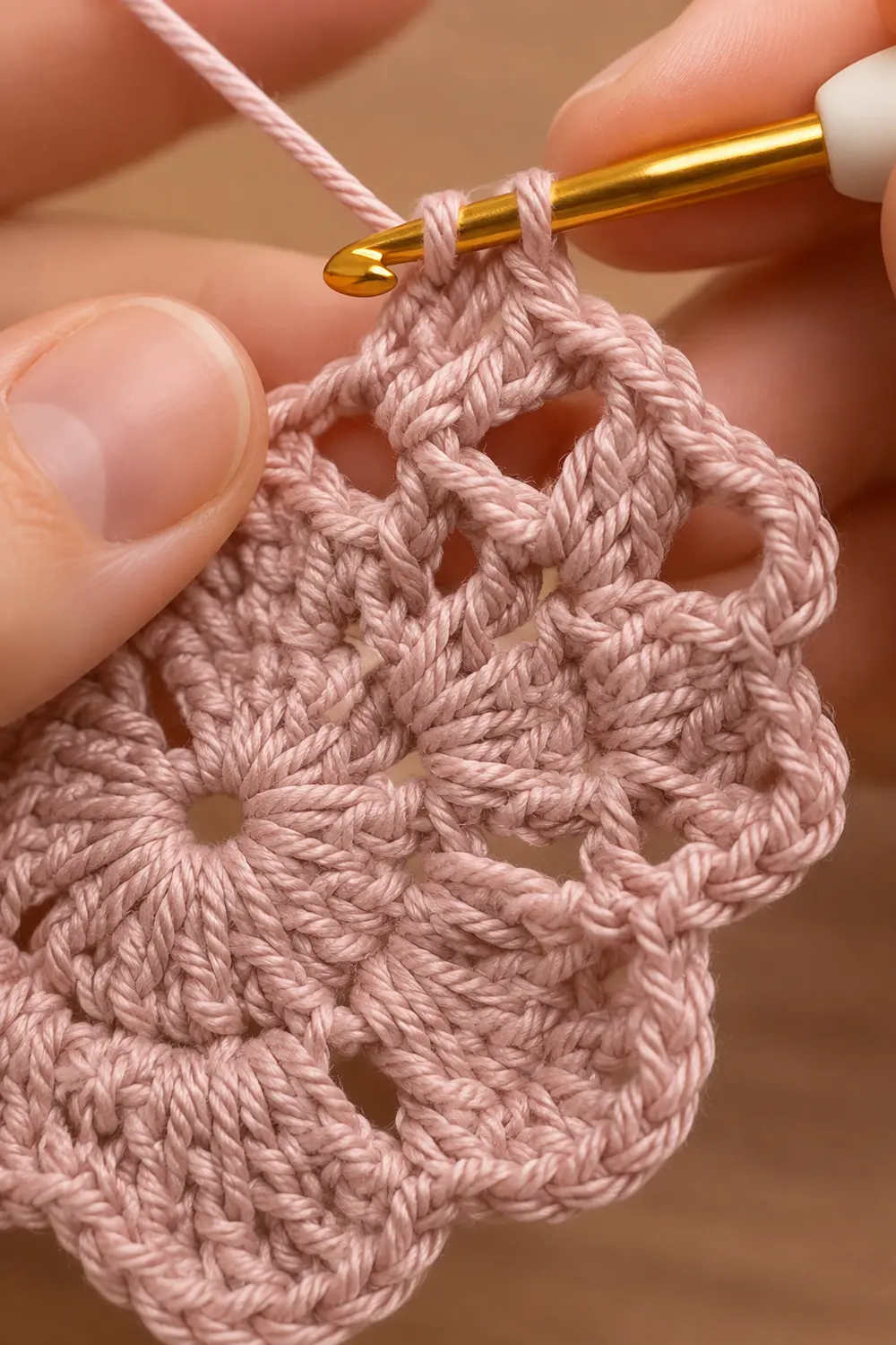 Close-up of hands crocheting delicate pink yarn with a golden crochet hook on a neutral background.