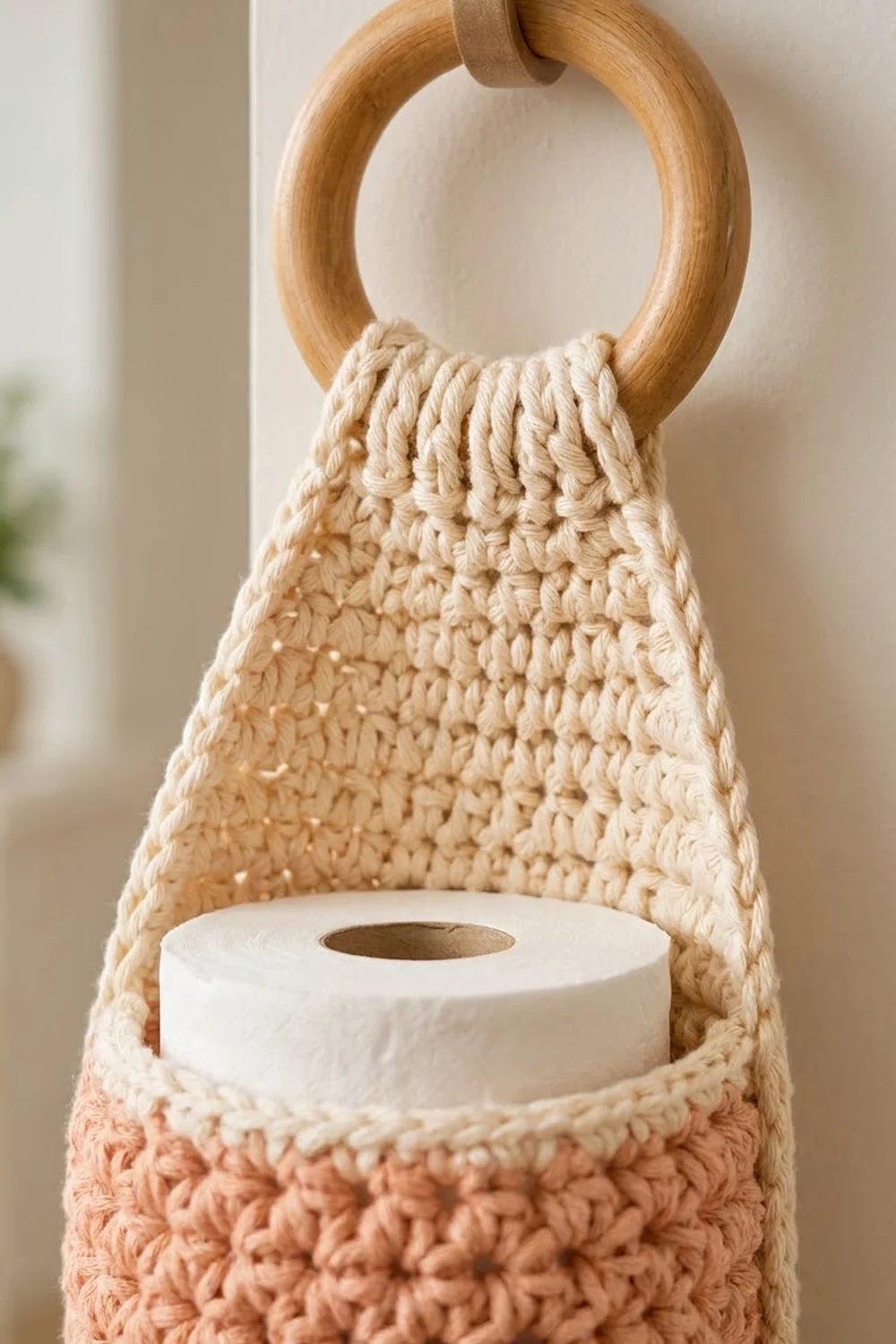 Crocheted toilet paper holder with wooden ring handle in cream and coral yarn against a soft white background.