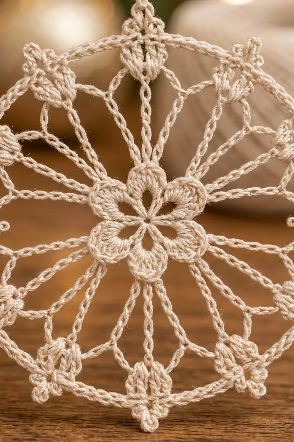 Close-up of a cream-colored crocheted snowflake with intricate knotted detailing and symmetrical petals against a soft, blurred background.