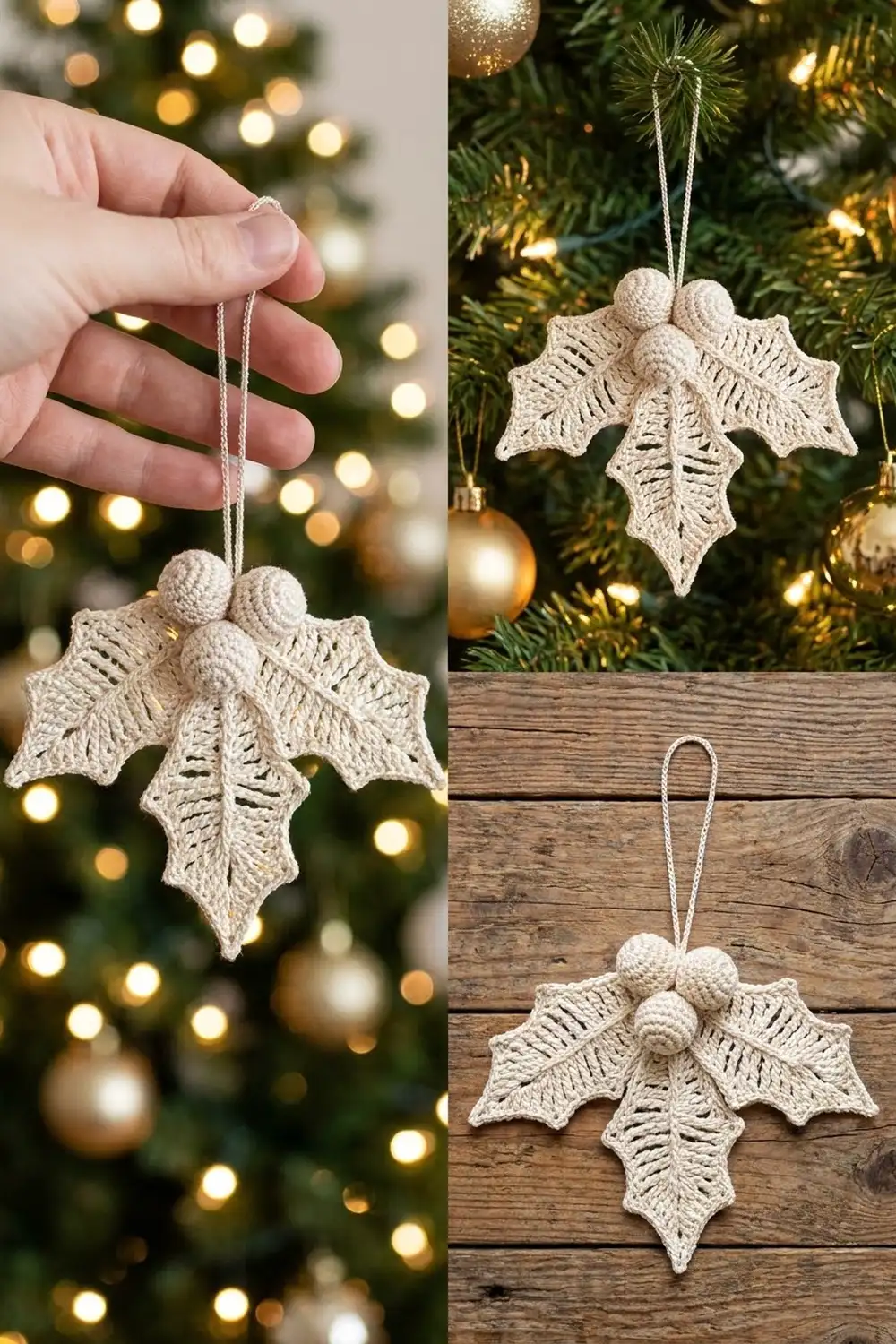 Cream crocheted holly ornament with open-work leaves and bobble center, hanging on evergreen branches with warm bokeh lights.
