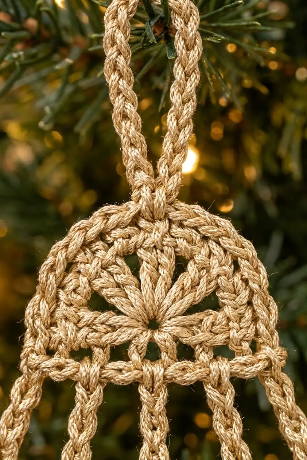 Cream crocheted ornament with open geometric pattern hanging from natural twine over blurred festive evergreen foliage.