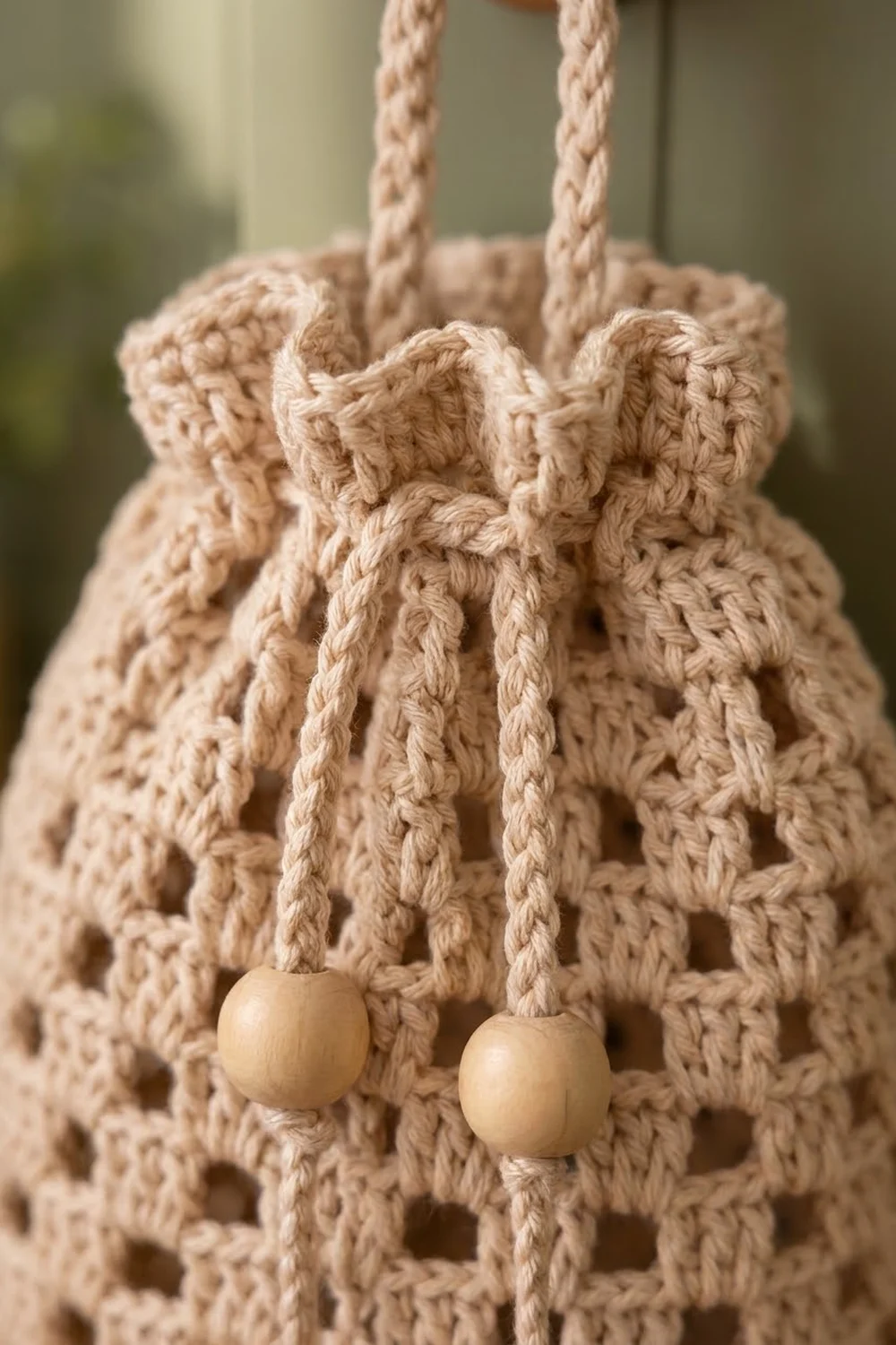 Cream crocheted bag with wooden bead drawstring toggles and textured braided detail against a soft, blurred background.