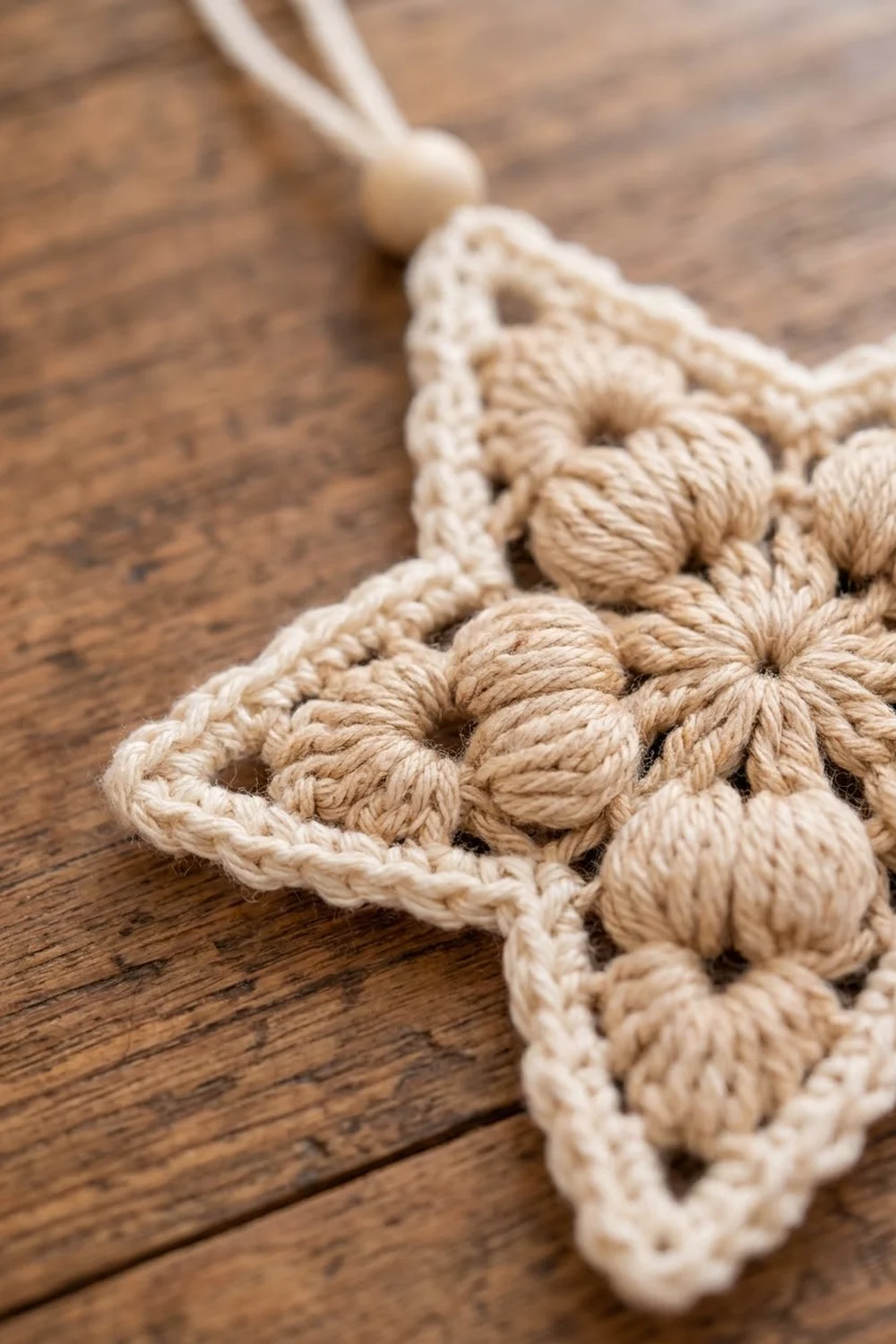 Close-up of cream and tan crochet with textured puff stitches on a rustic wooden surface.