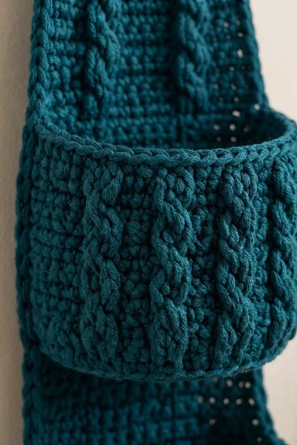 Teal crocheted sweater detail showing textured cable-knit pattern with raised dimensional stitches on neutral background.