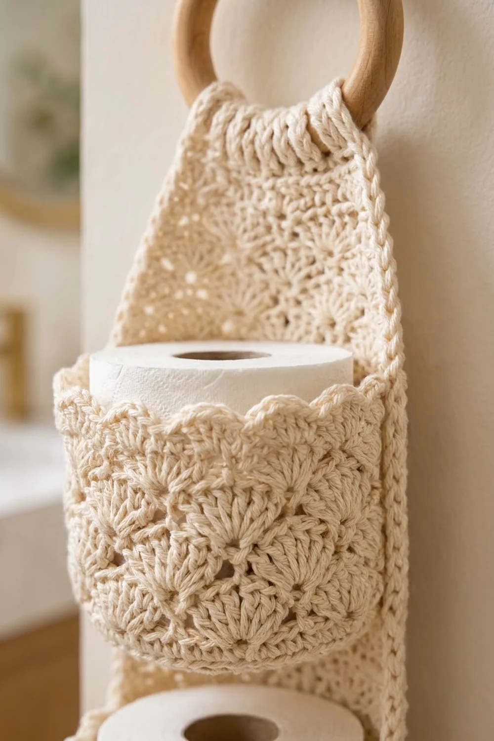 Cream crocheted toilet paper holder with wooden handles holding white roll, intricate shell-stitch pattern, soft neutral background.