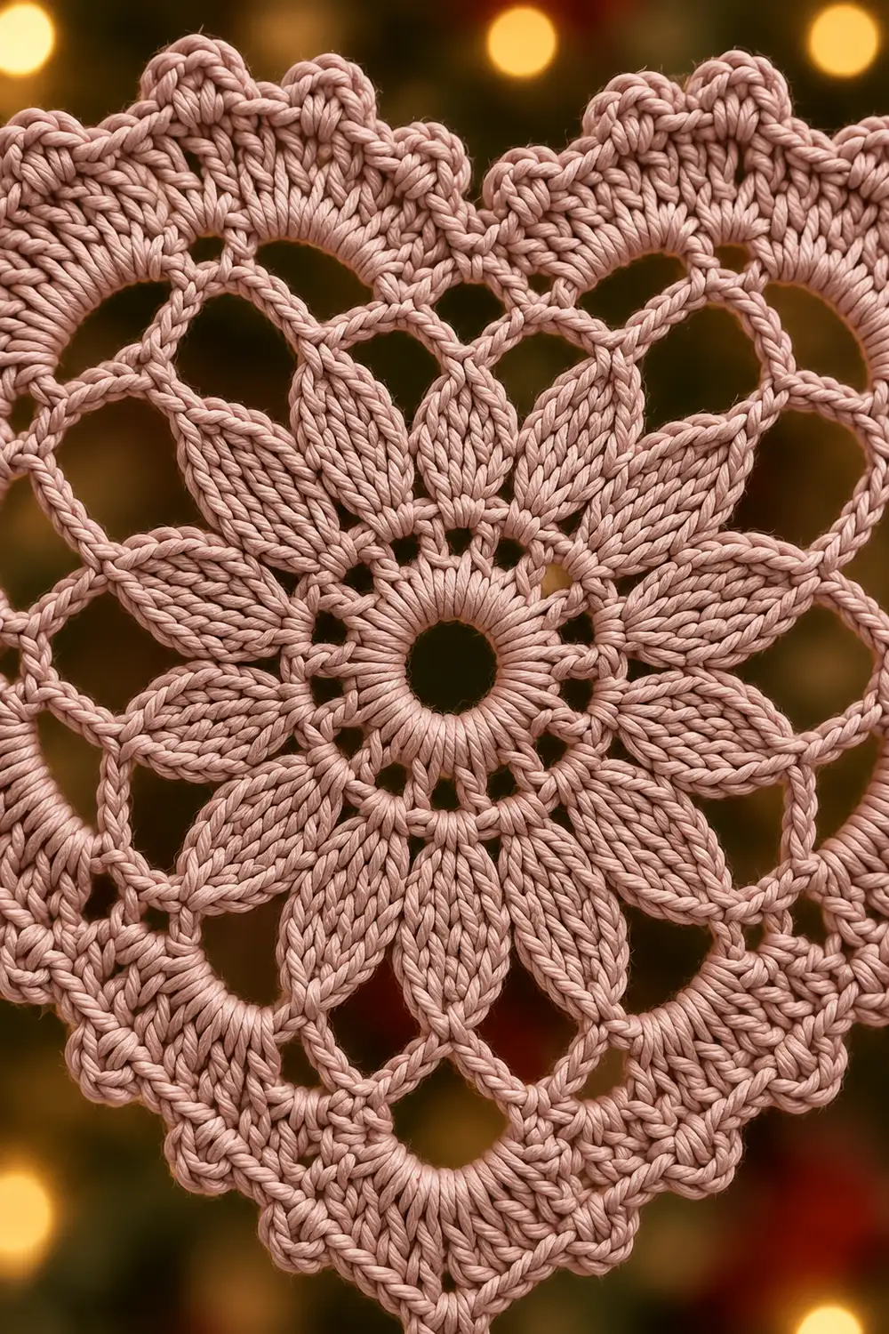 Delicate pink crocheted lace doily with flower motif against warm, blurred bokeh background.