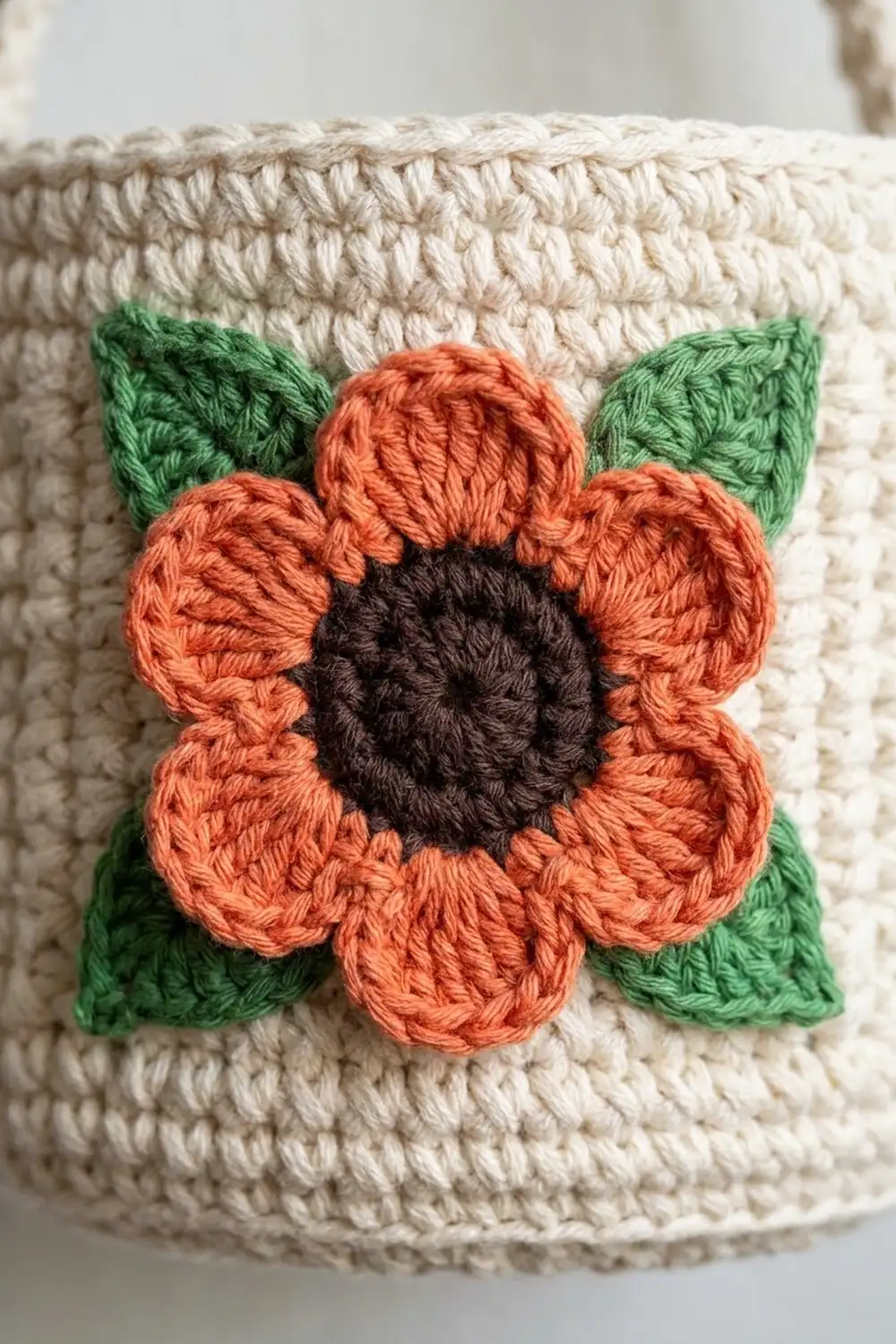 Crochet flower with orange petals, black center, and green leaves on cream textured fabric.