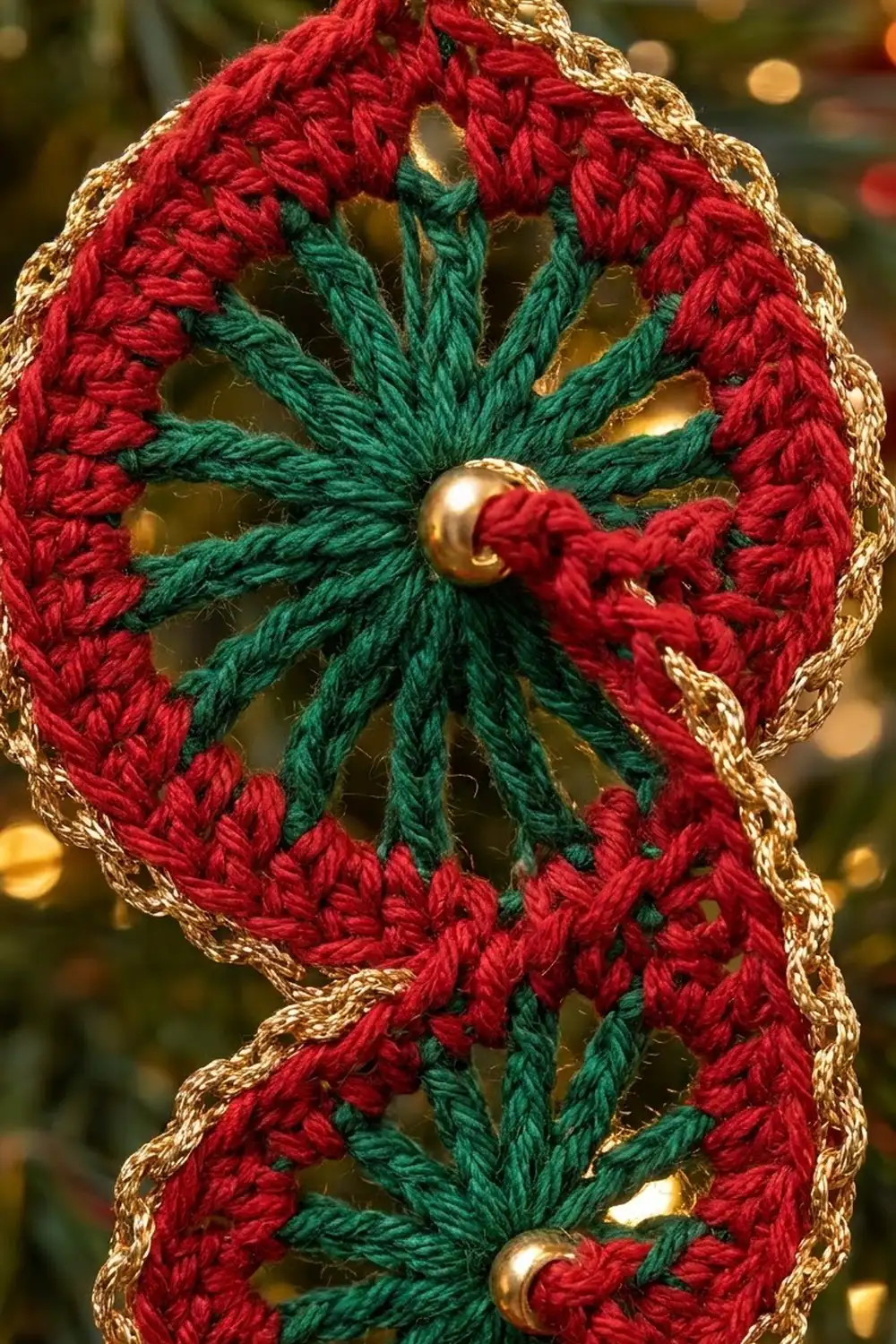 Handmade red crocheted ornament with green radiating threads, gold beads, and gold trim on a blurred festive background.