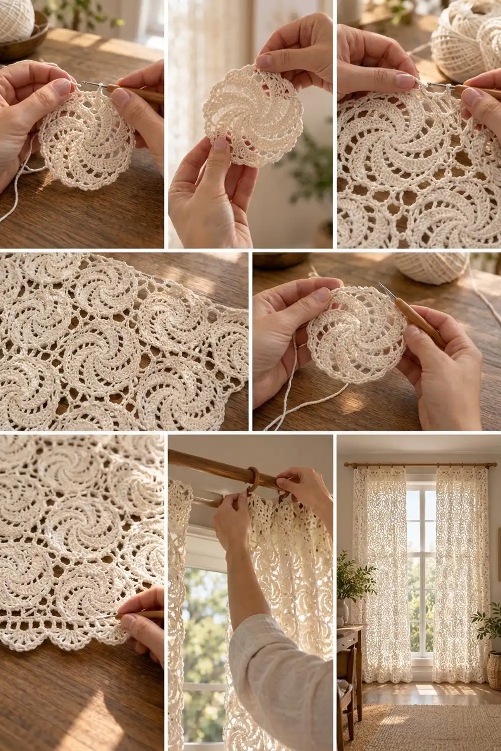 Cream crochet motifs with intricate spiral lace details, held in hands and displayed as finished window curtains.