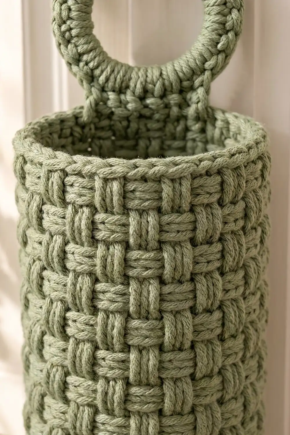 Handmade sage green crocheted basket displaying intricate basketweave texture with braided rope handles.