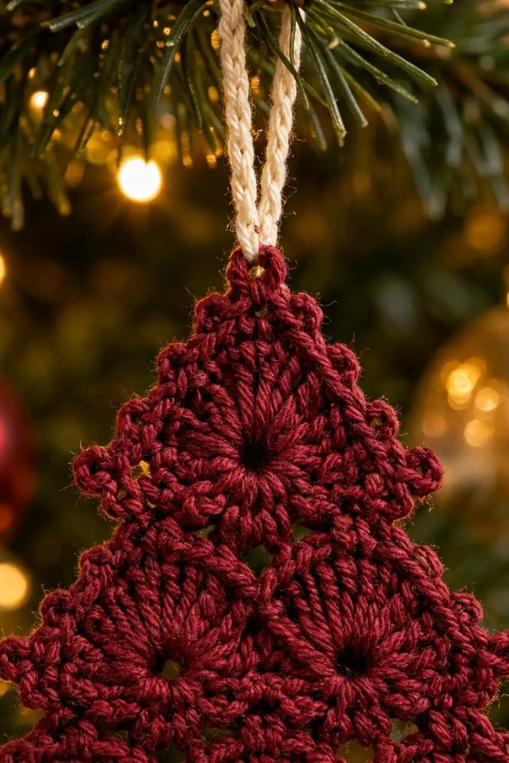 Crocheted burgundy tree ornament with cream rope string hanging against evergreen boughs and soft golden holiday bokeh lights.