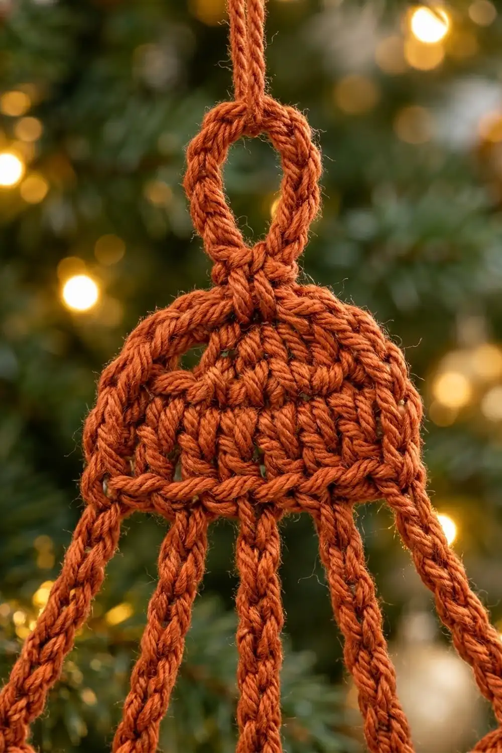 Terracotta-toned crocheted ornament with bulbous textured body and dangling fringe, suspended before softly blurred green foliage and golden festive lights.