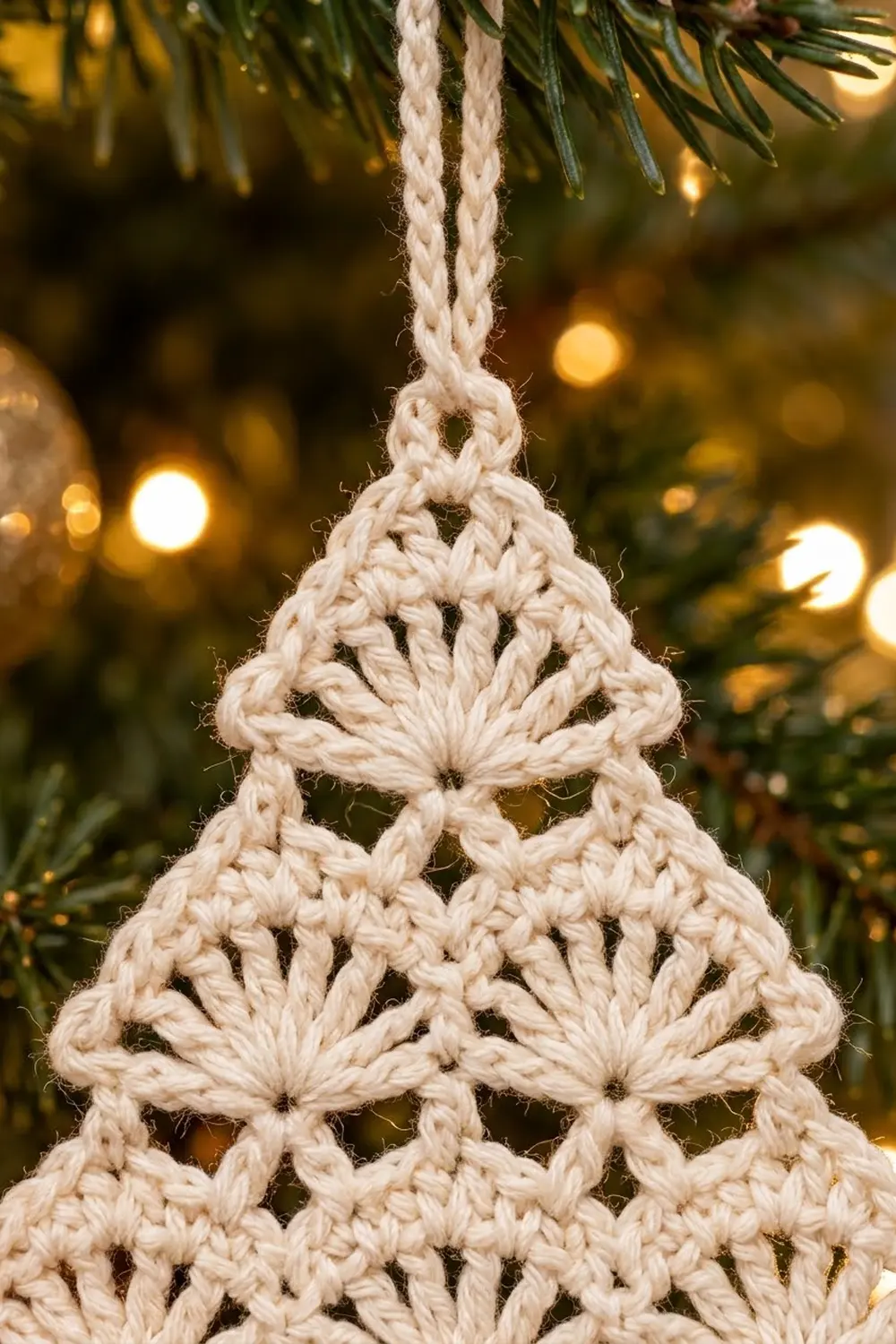 Delicately crocheted cream ornament with geometric openwork pattern hanging from cord, framed by pine needles and golden lights.