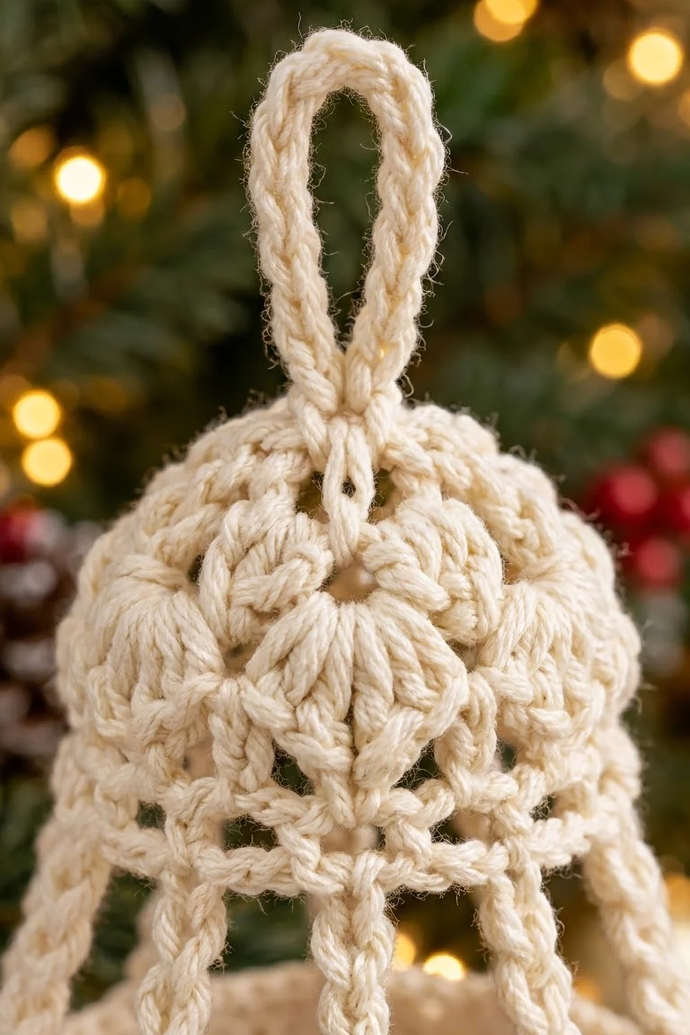 Cream-colored crocheted ornament with open lace pattern and rope loop handle against warm holiday bokeh lights.