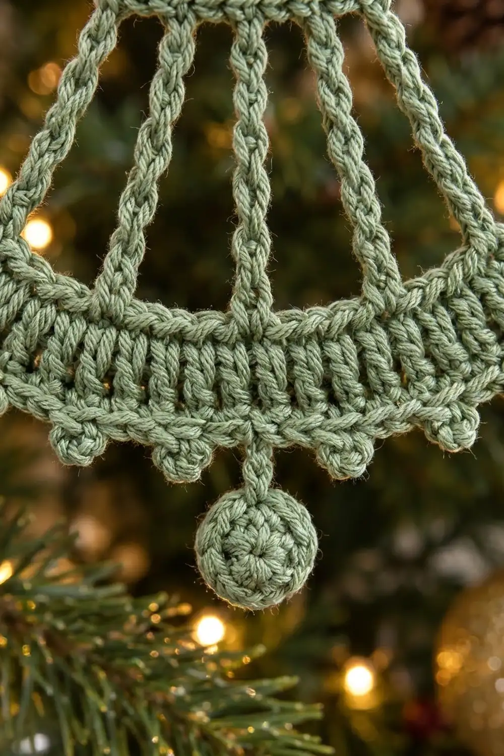 Sage green crocheted ornament detail with braided rope texture and hanging ball amid blurred holiday lights.