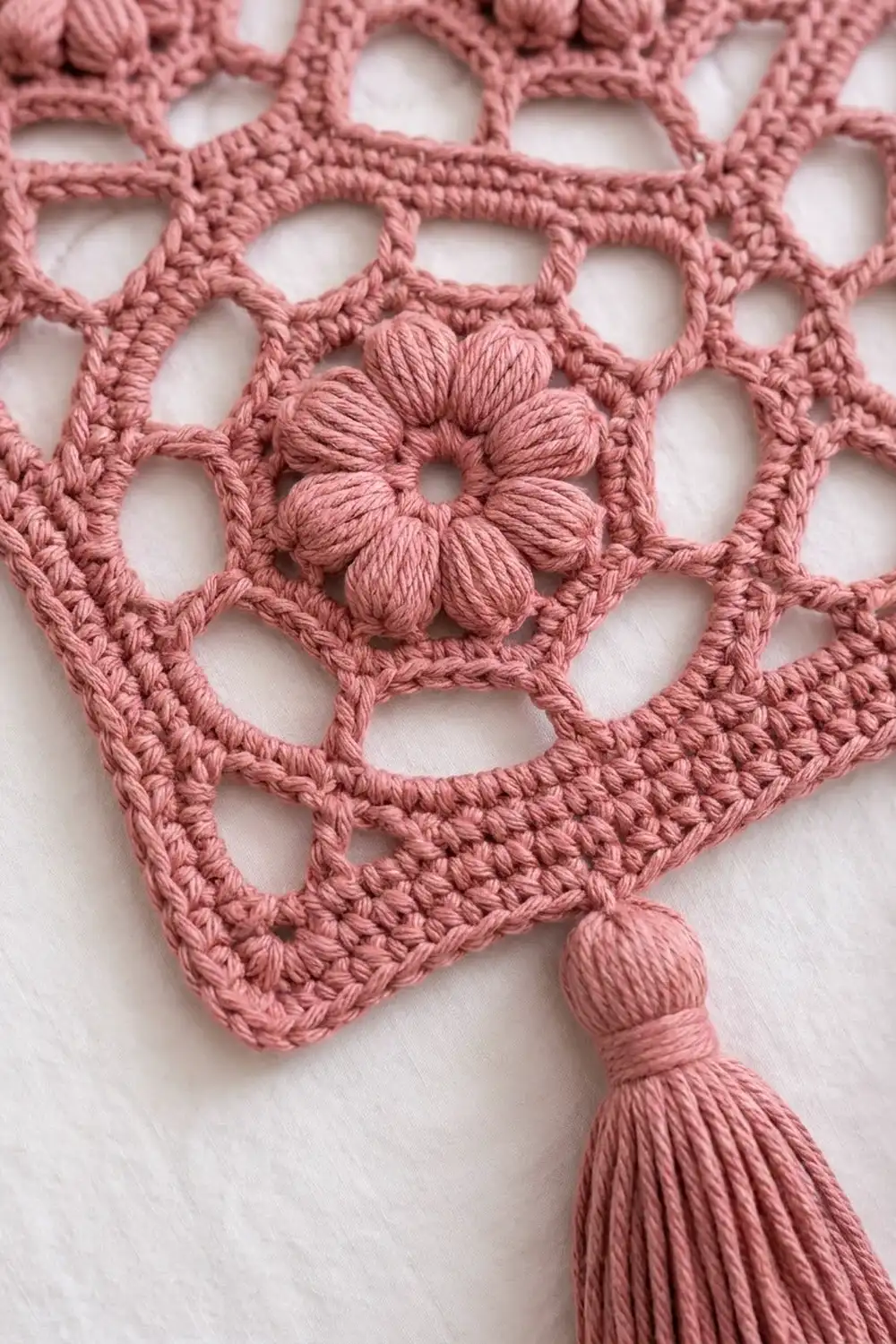 Dusty rose crochet lace with openwork pattern, featuring a decorative flower appliqué and tassel on white background.