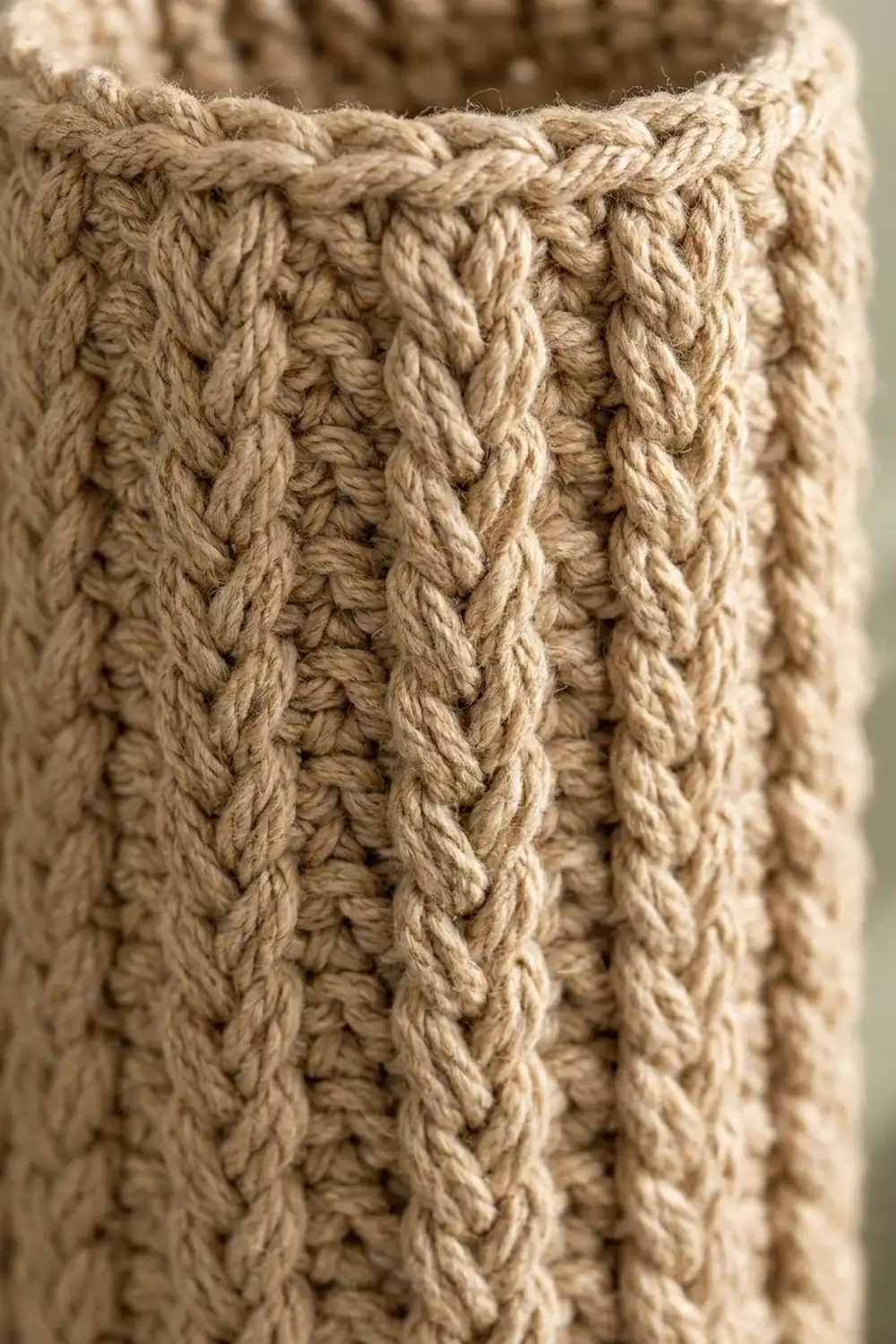 Close-up of cream-colored cable knit with raised twisted vertical stitches in textured detail.