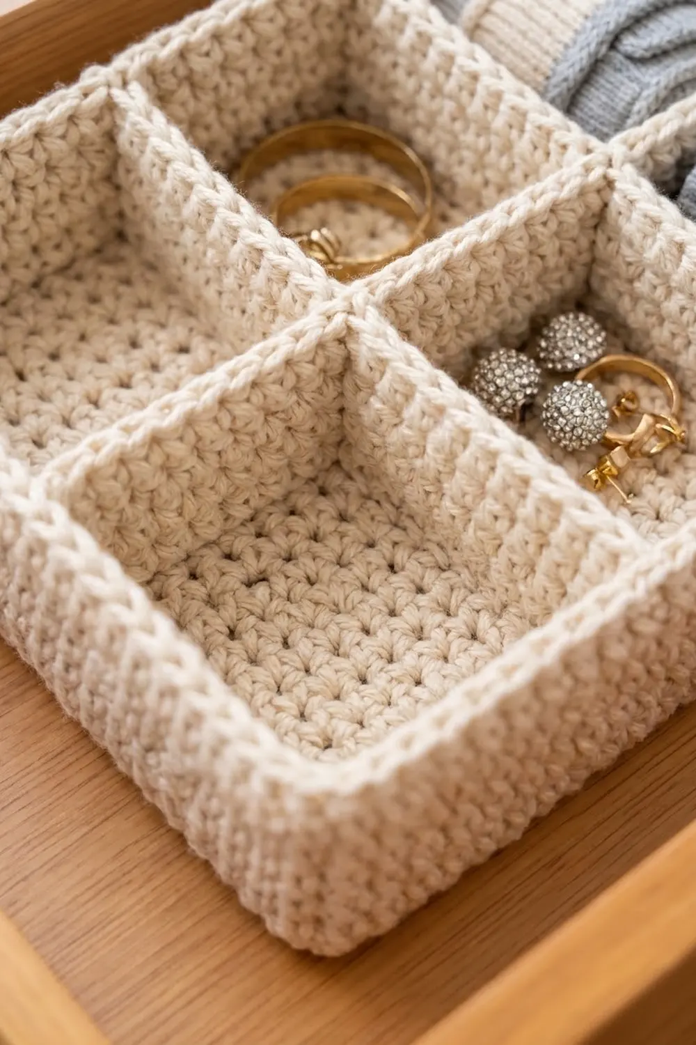 Cream-colored crocheted organizer with diamond-patterned compartments holding golden rings and rhinestone earrings on wooden surface.