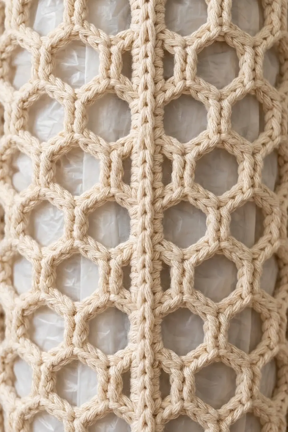 Cream-colored macramé lattice with diamond-shaped openings showing detailed knotwork against neutral background.