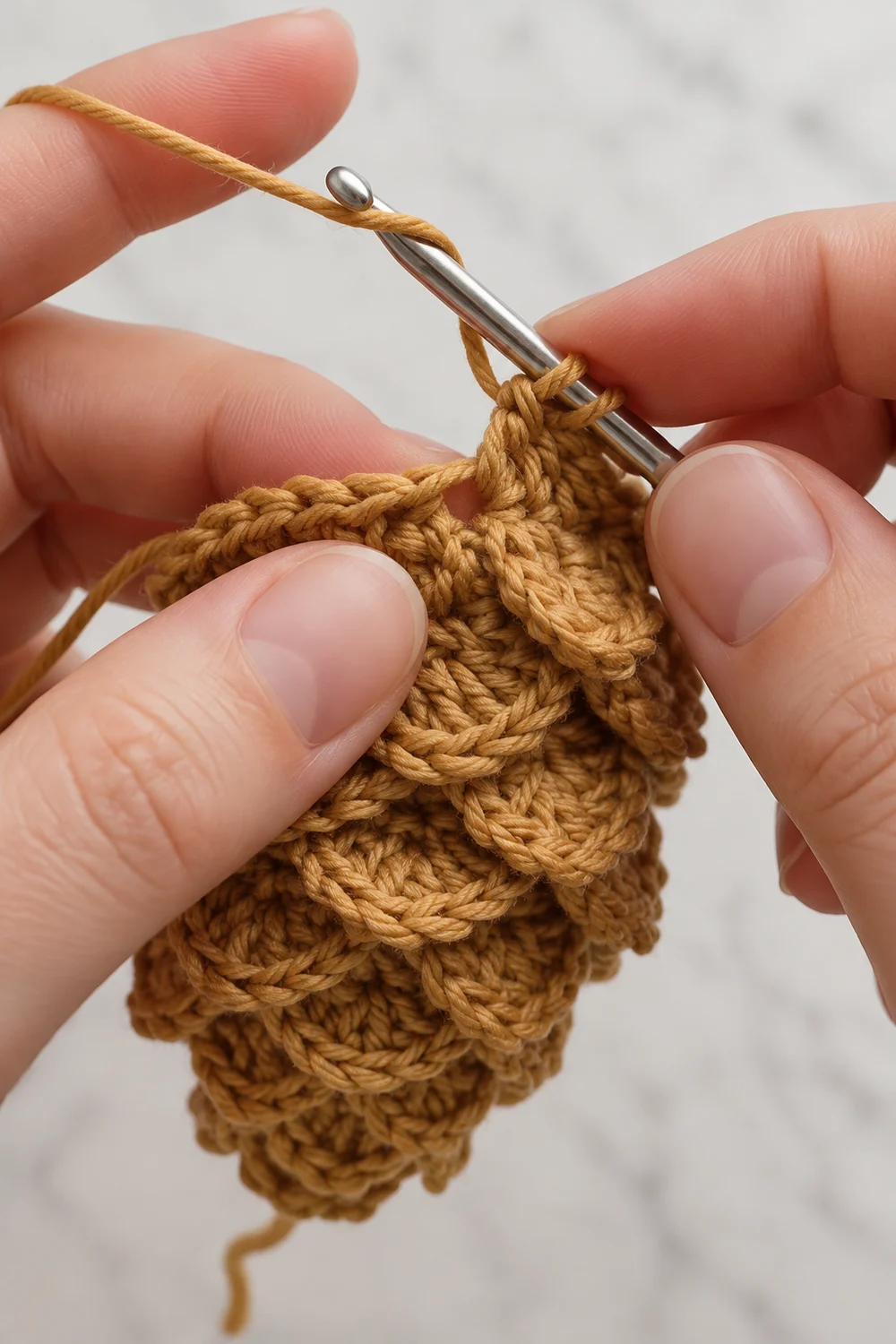 Close-up of hands holding a crochet hook with golden-brown yarn in mid-stitch detail.