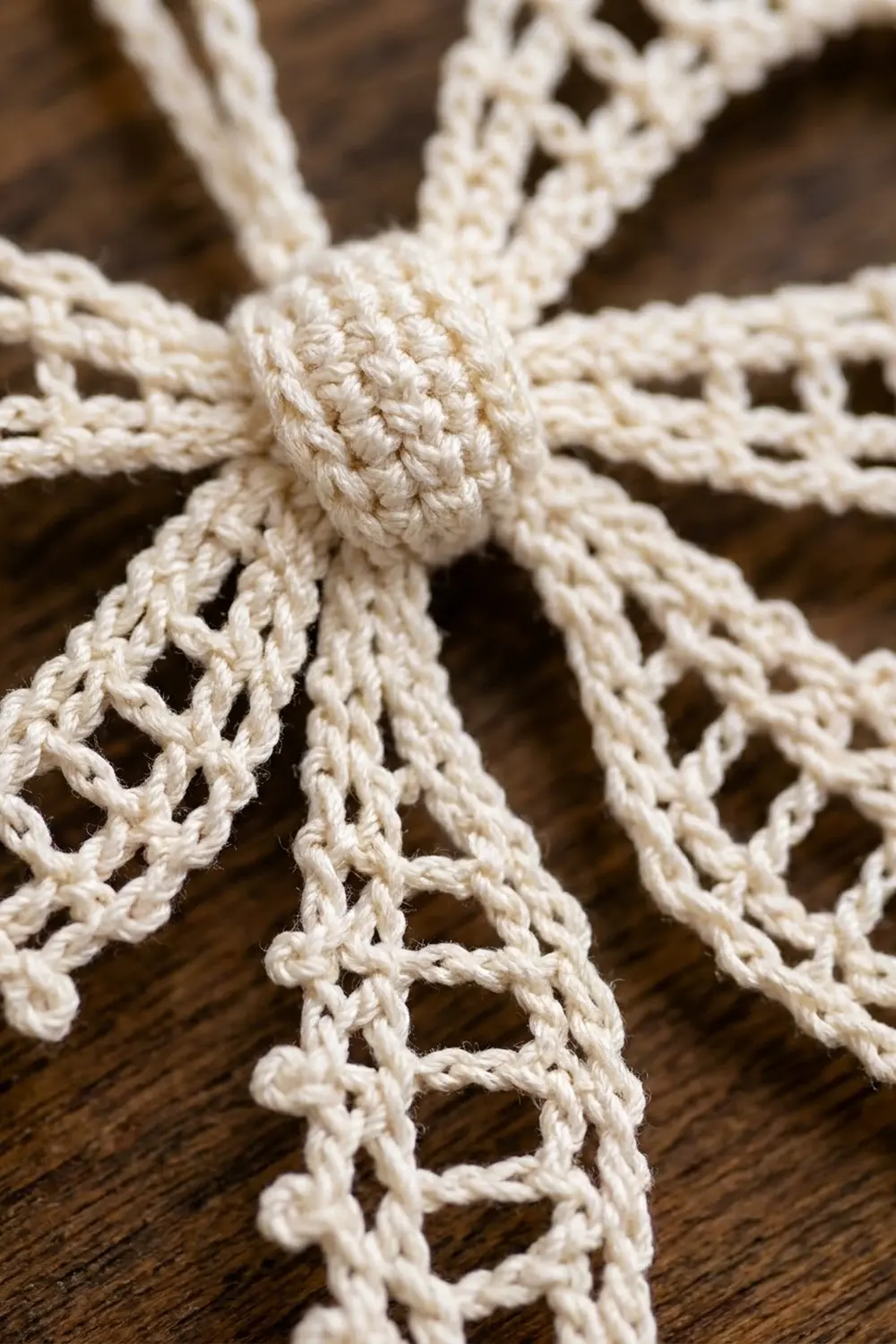 Cream-colored crochet strands radiating from a textured central ball on a dark wooden surface.