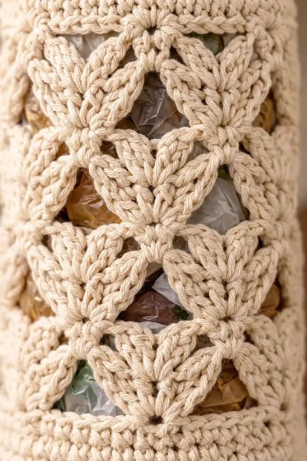 Close-up of cream crochet showing geometric diamond openwork pattern with interlocking twisted yarn detail.