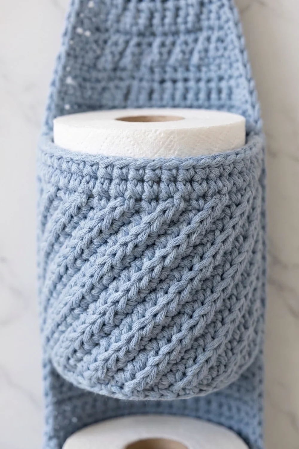 White toilet paper roll nested inside a light blue crocheted fabric holder with textured stitch detailing.